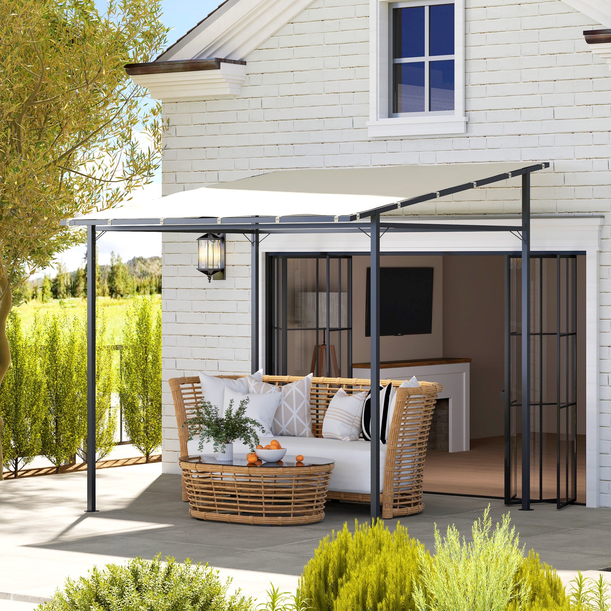 Wall Mounted Pergola Gazebo with PA Coated Fabric - Cream White