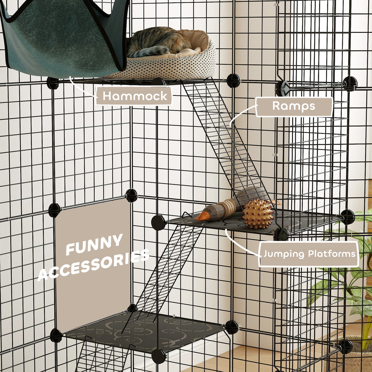 4-Tier Large DIY Indoor Cat Cage with Hammock, Ramps & 5 Doors for 1-3 Cats - Black