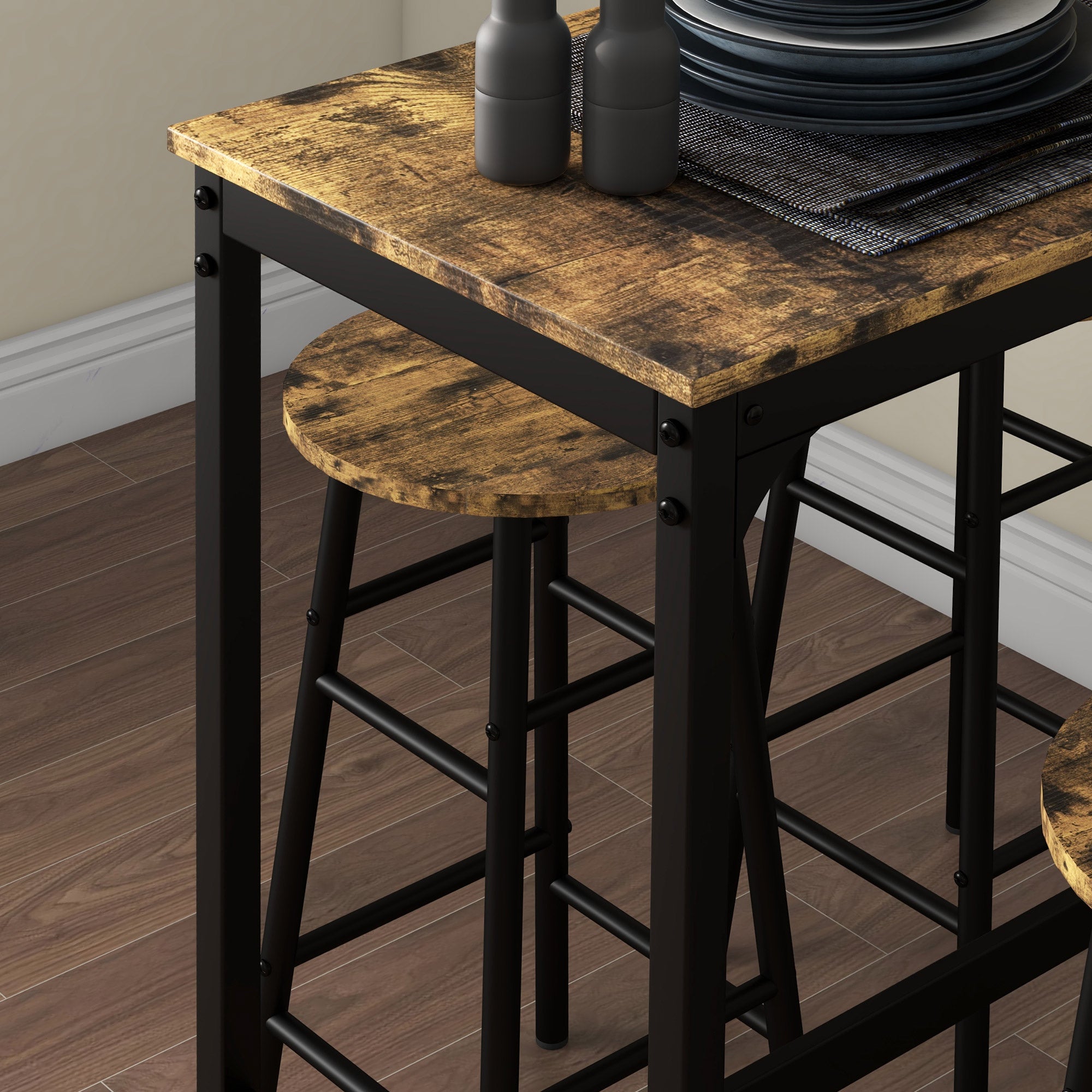 5 Piece Industrial Bar Table and 4 Stool Set - Rustic Brown