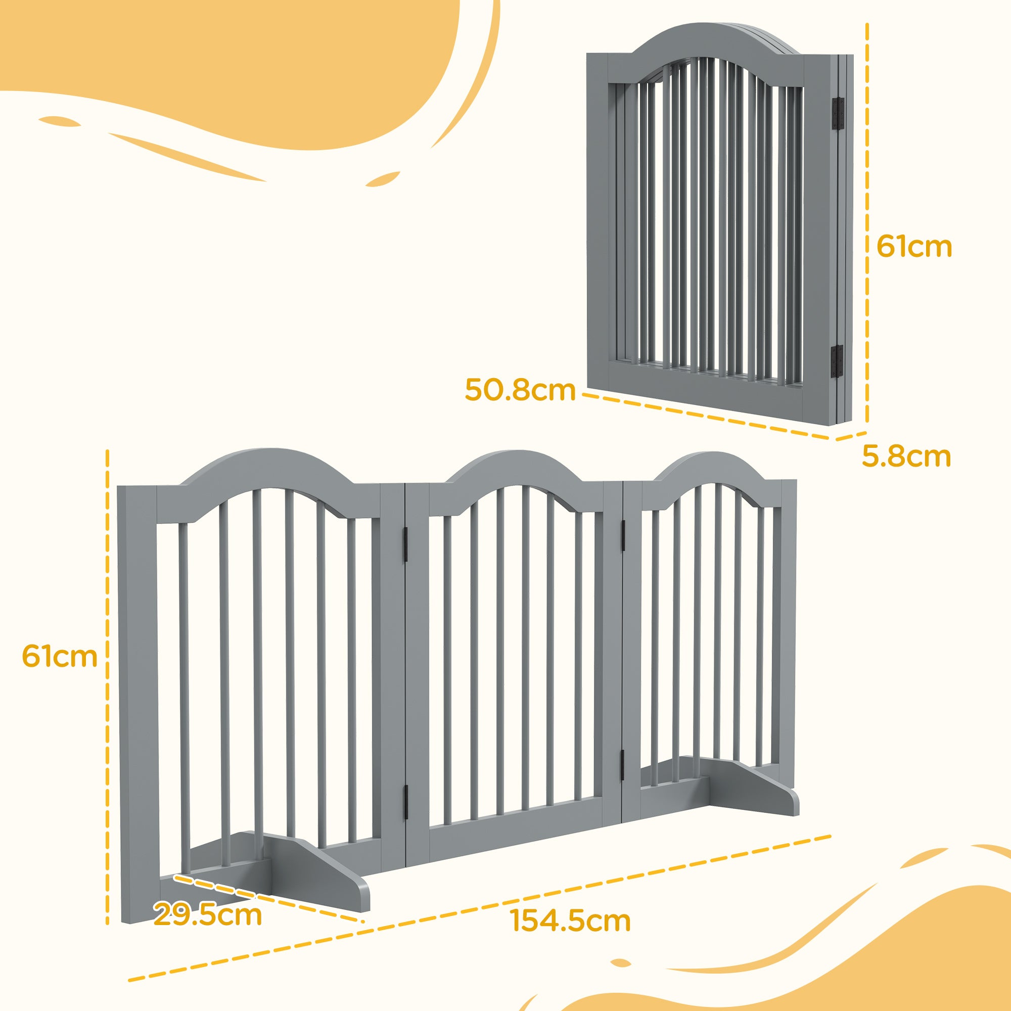 3 Panels Dog Gate w/ Support Feet Fence Safety Barrier Freestanding Wood Light Grey