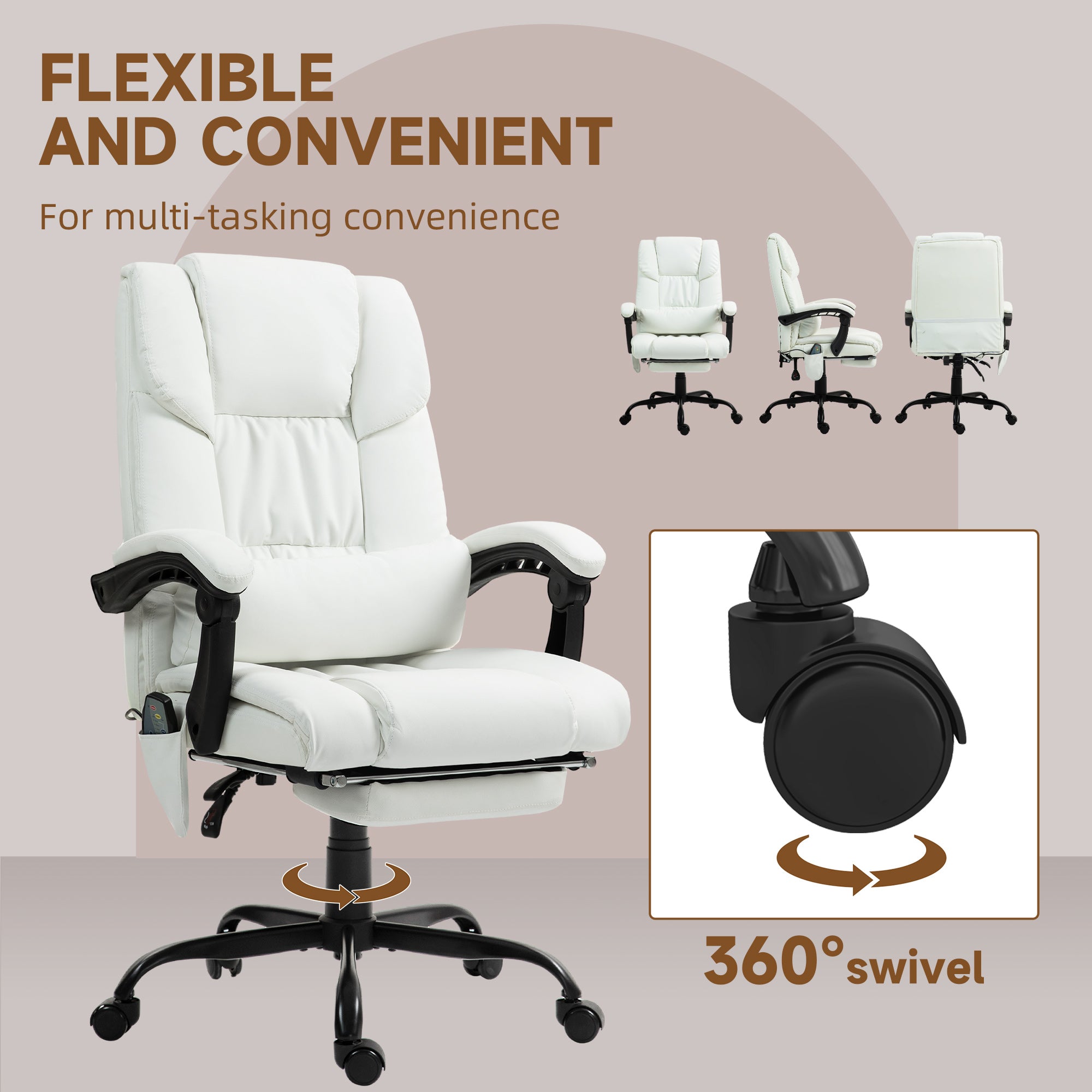 6-Point Massage Office Chair, PU Leather Desk Chair with Adjustable Height and Footrest for Home Office, White