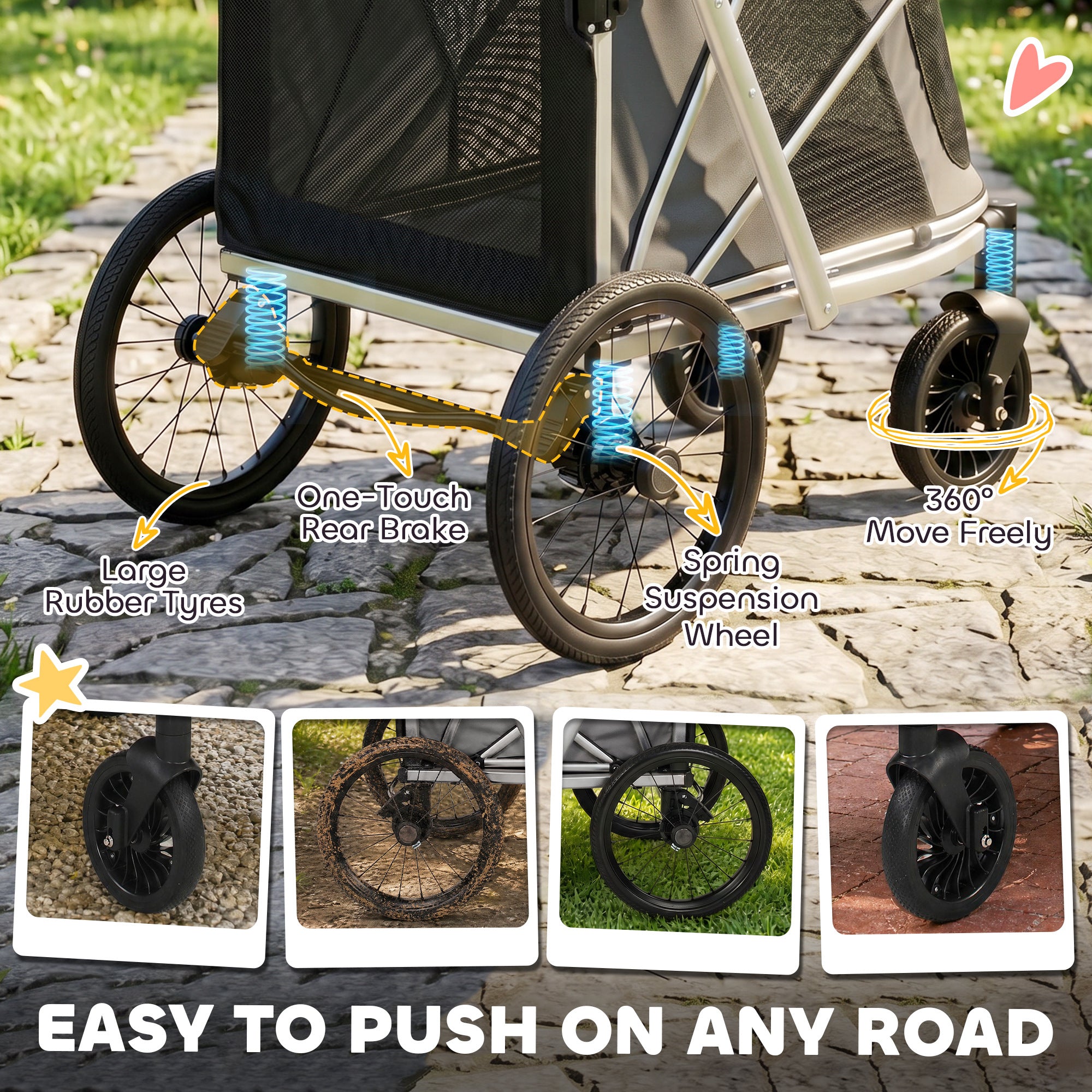 Dog Stroller, Easy Folding Pet Stroller for Small and Medium Dogs with Shock Absorption, Maximum Load 20 kg, Grey