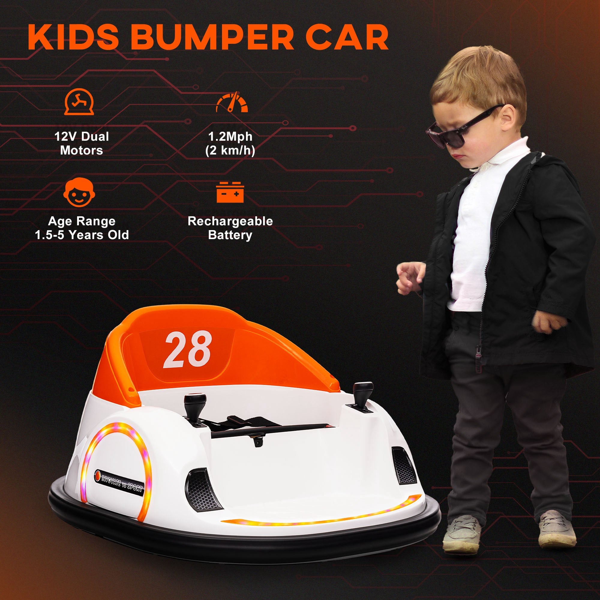 12V 360° Rotation Kids Bumper Car with Remote Control, Dual Joysticks, Music & Lights - Orange