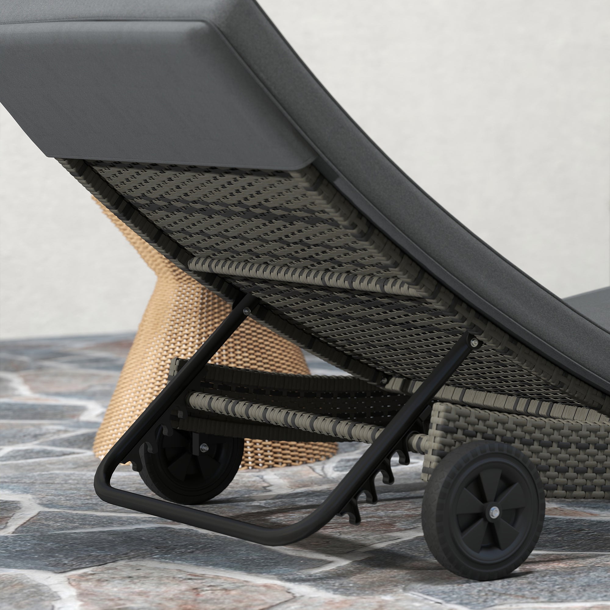 Patio Wicker Chaise Lounge Chair, Outdoor PE Rattan Sun Lounger with Adjustable Backrest and 2 Wheels, Dark Grey