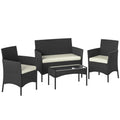 4 Piece Rattan Garden Furniture Sofa Set with Loveseat, Armchairs, Glass-Top Coffee Table and Cushions, Cream White