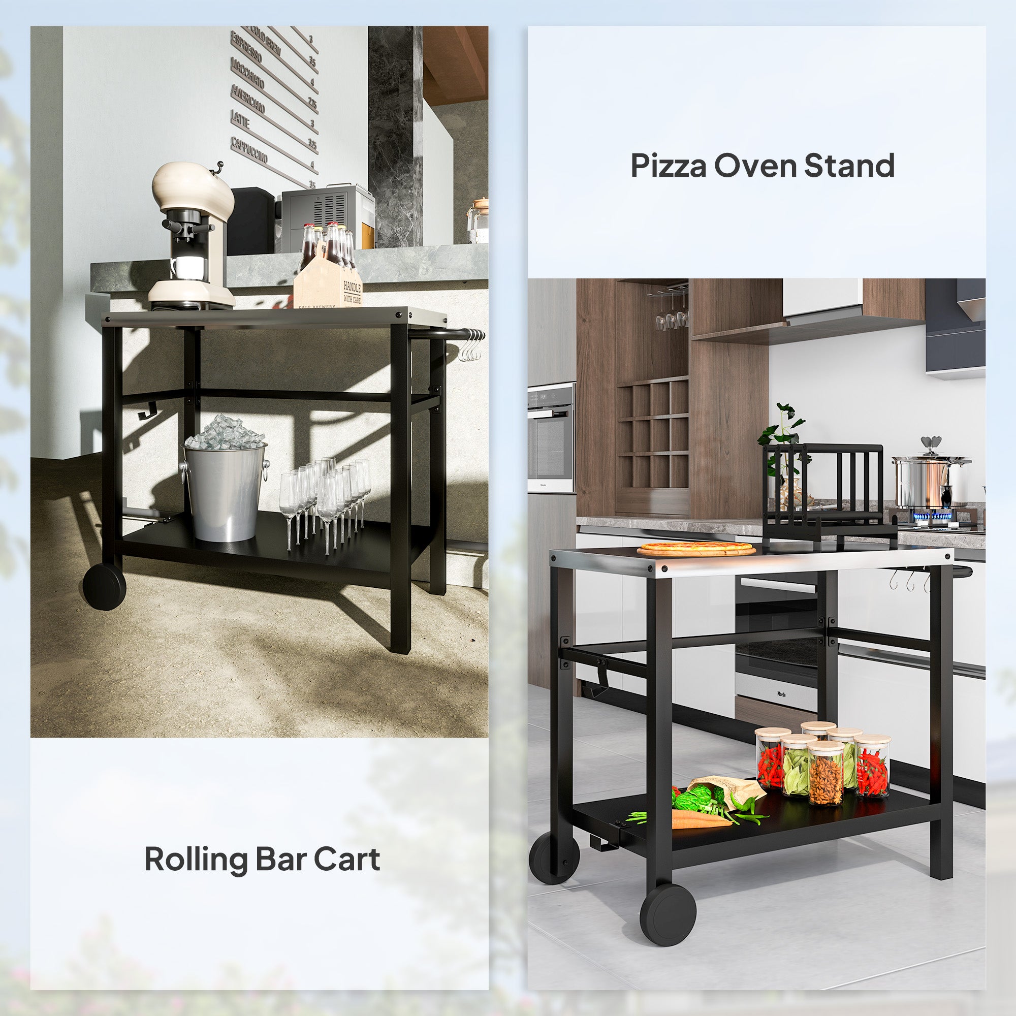 Outdoor Grill Dining Cart with 2 Shelves, Stainless Steel Top, Wheels & Hooks - Charcoal Grey