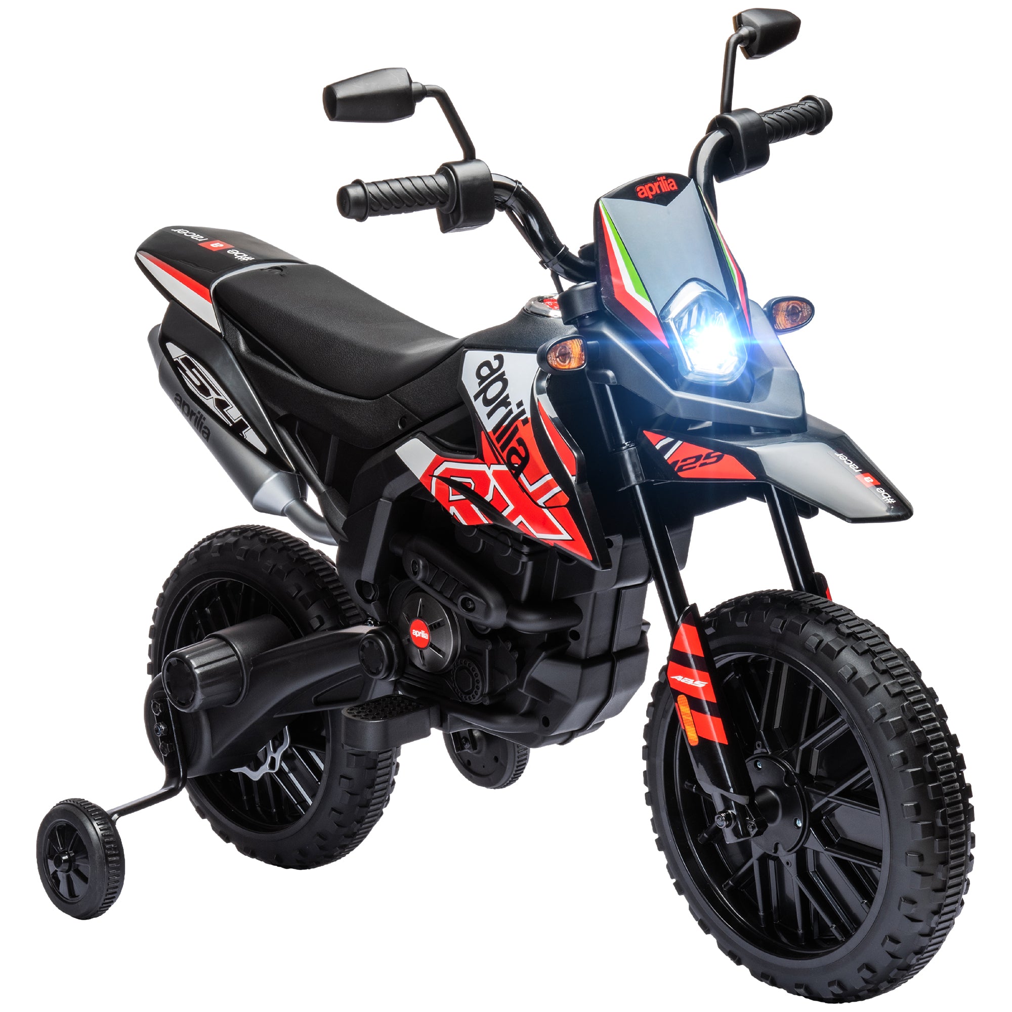 12V Aprilia Licenced Kids Motorbike with Training Wheels, Spring Suspension, LED Light, USB, Music, Red