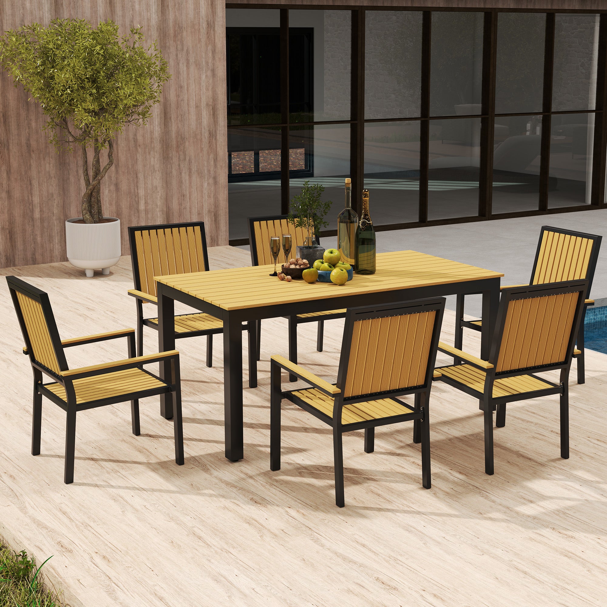 6 Seater Garden Dining Set with Stackable Chairs - Aluminium Frame and Weather-Resistant Wood Plastic Top
