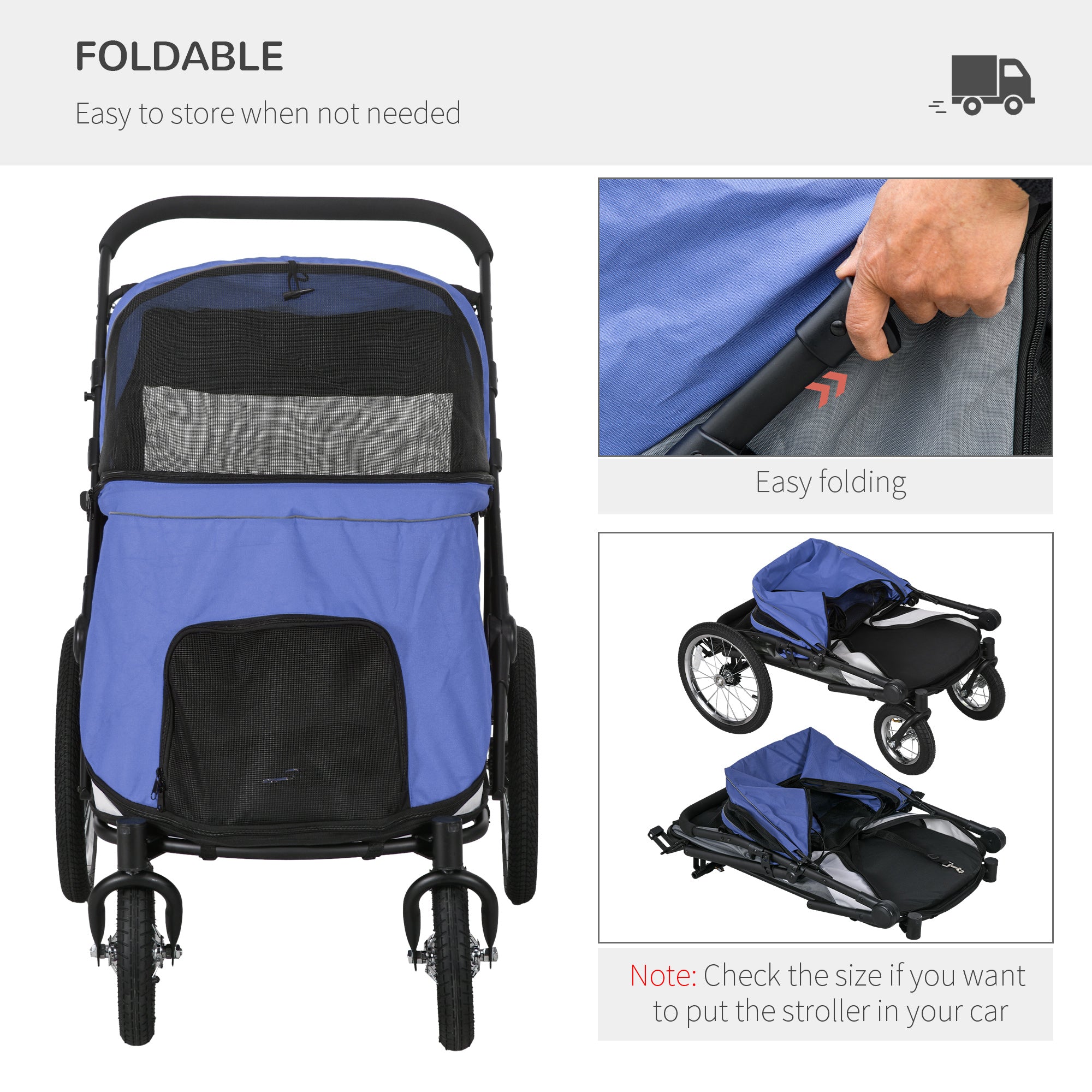 Foldable Pet Stroller, with Washable Cushion, Storage Bags, Safety Leash, for Medium, Large Dogs, Catts, Travel - Blue