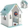 5-in-1 Playhouse for Kids Outdoor Indoor with Basketball Hoop, Football Goal, Dartboard, Ring Toss for 2-5 Years, Beige