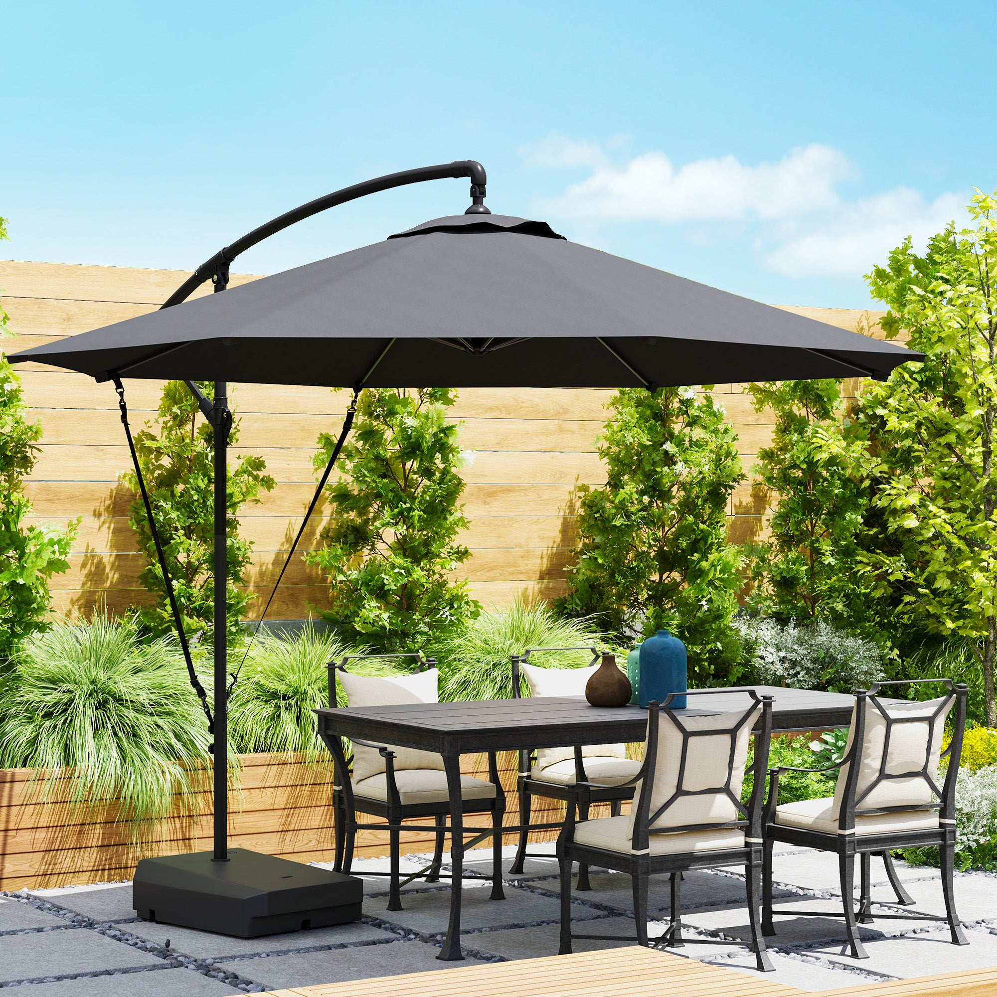 3m Garden Cantilever Parasol with Fillable Base, Wind Straps, Crank Handle & Tilt, UPF50+ Round Hanging Umbrella - Grey