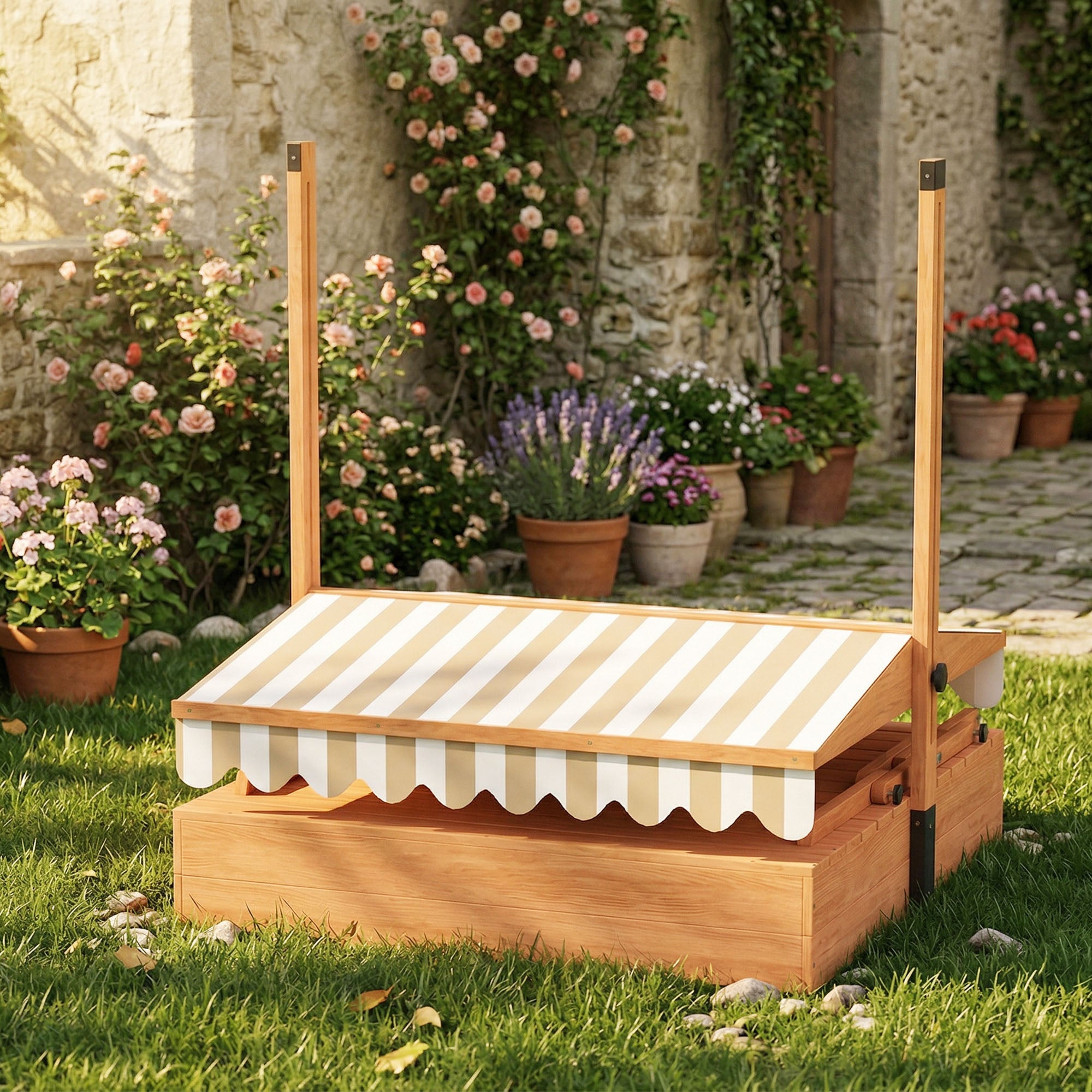 Kids Sand Pit with Lid, Wooden Sandpit with Canopy, Foldable Picnic Table, Bench Seats, Bottom Liner for Patio Garden