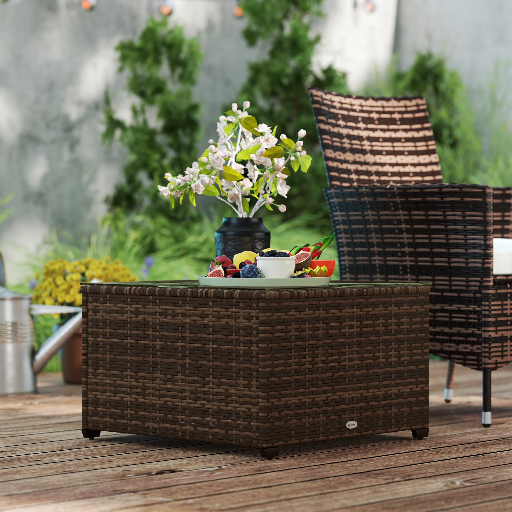 62cm Glass Top Rattan Side Table with Tempered Glass - Brown