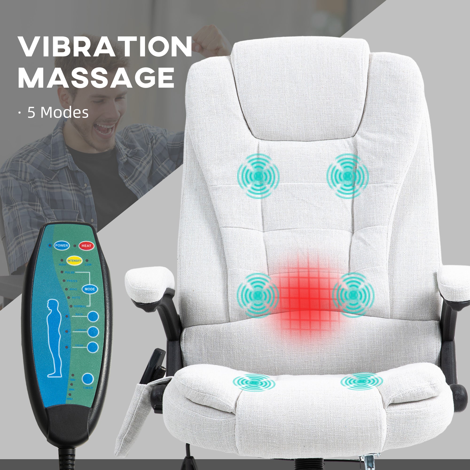 Massage Recliner Chair Heated Office Chair with Six Massage Points Linen-Feel Fabric 360° Swivel Wheels Cream White