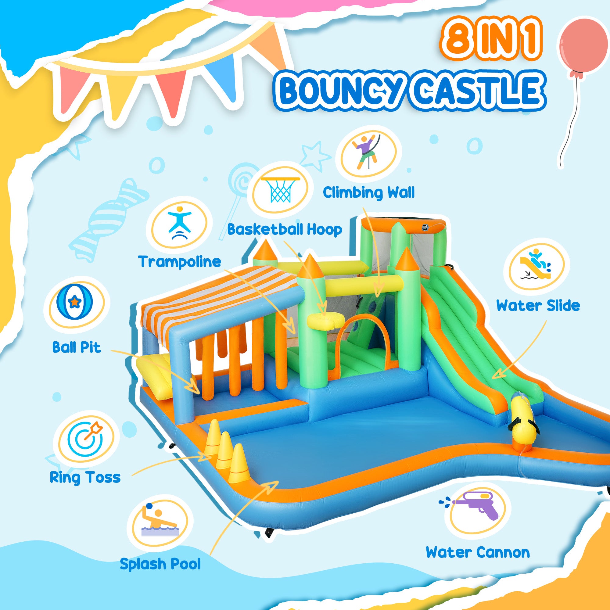 8 in 1 Inflatable Bounce House with 550W Blower, Slide, 2 Pools, Basketball Hoop, Climbing Wall, Water Gun, Ring Toss