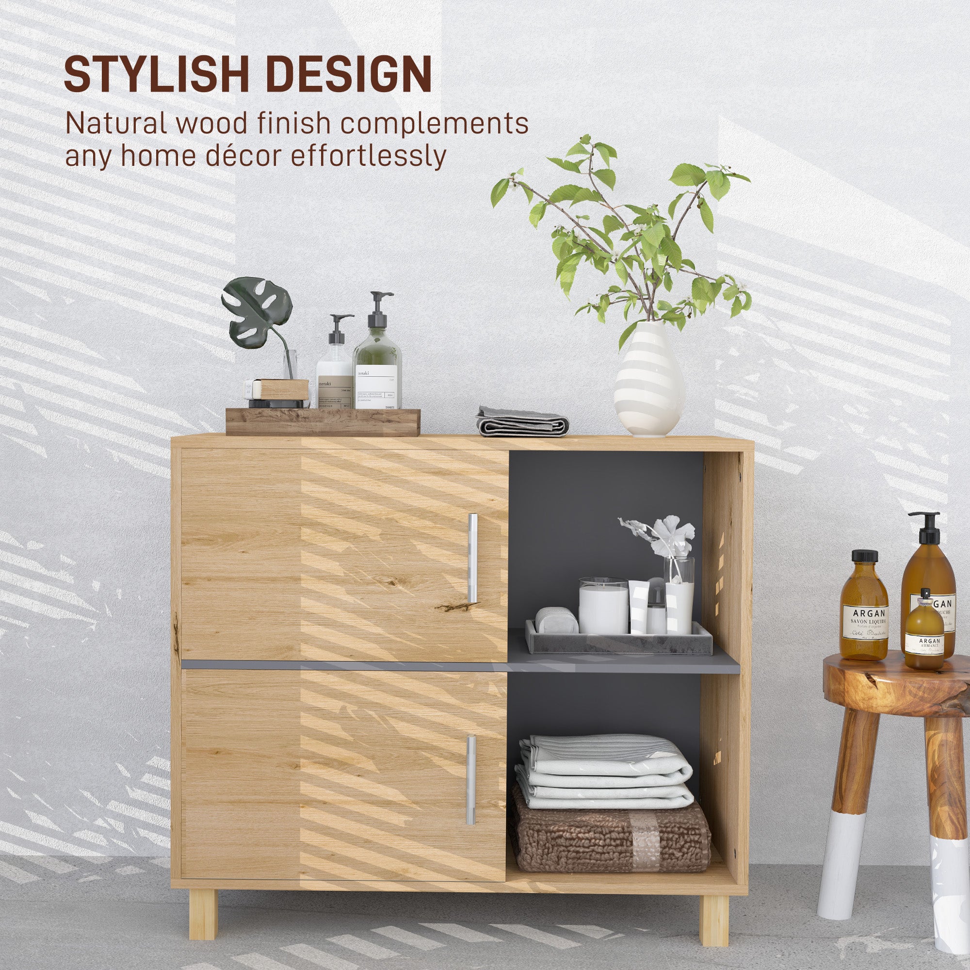 Bathroom Cabinet, Freestanding Bathroom Cabinet with Open Compartments and Double Doors