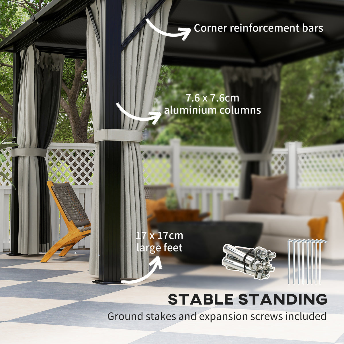3 x 3m Hardtop Gazebo Canopy with UPF30+ Double Polycarbonate Roof, Aluminium Frame, Mosquito Netting & Curtains - Grey