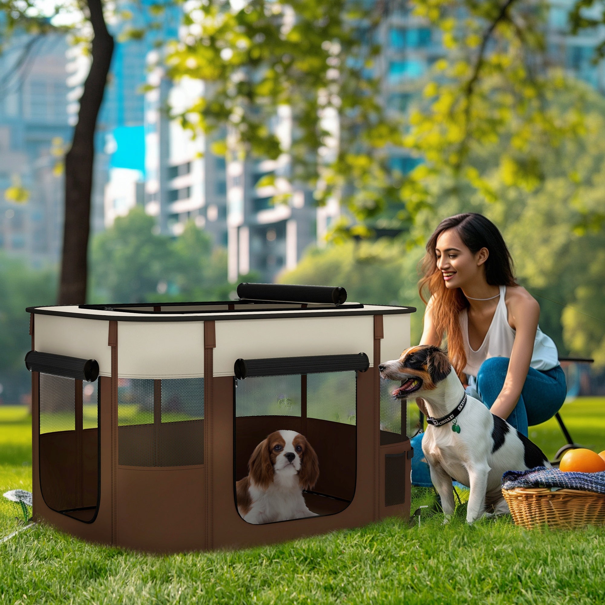 Foldable Dog Pen with Storage Bag for Indoor/Outdoor Use, Portable Pet playpen, with Ground Stakes - Brown