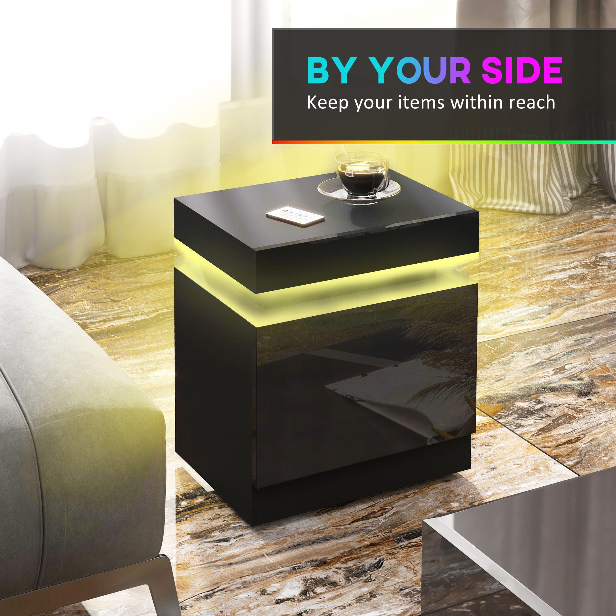 High Gloss Front Bedside Tables Set of 2, Nightstands with RGB LED Light and 2 Drawers, Chest of Drawers for Bedroom, Living Room, Black