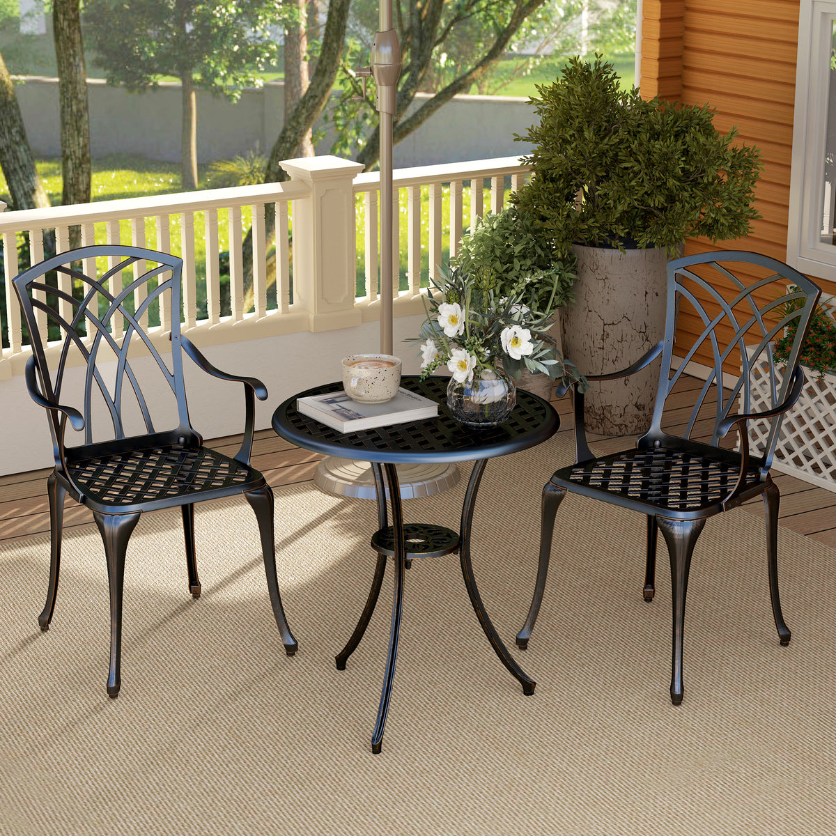 3-Piece Cast Aluminium Garden Dining Set for 2 with Parasol Hole - Bronze Tone