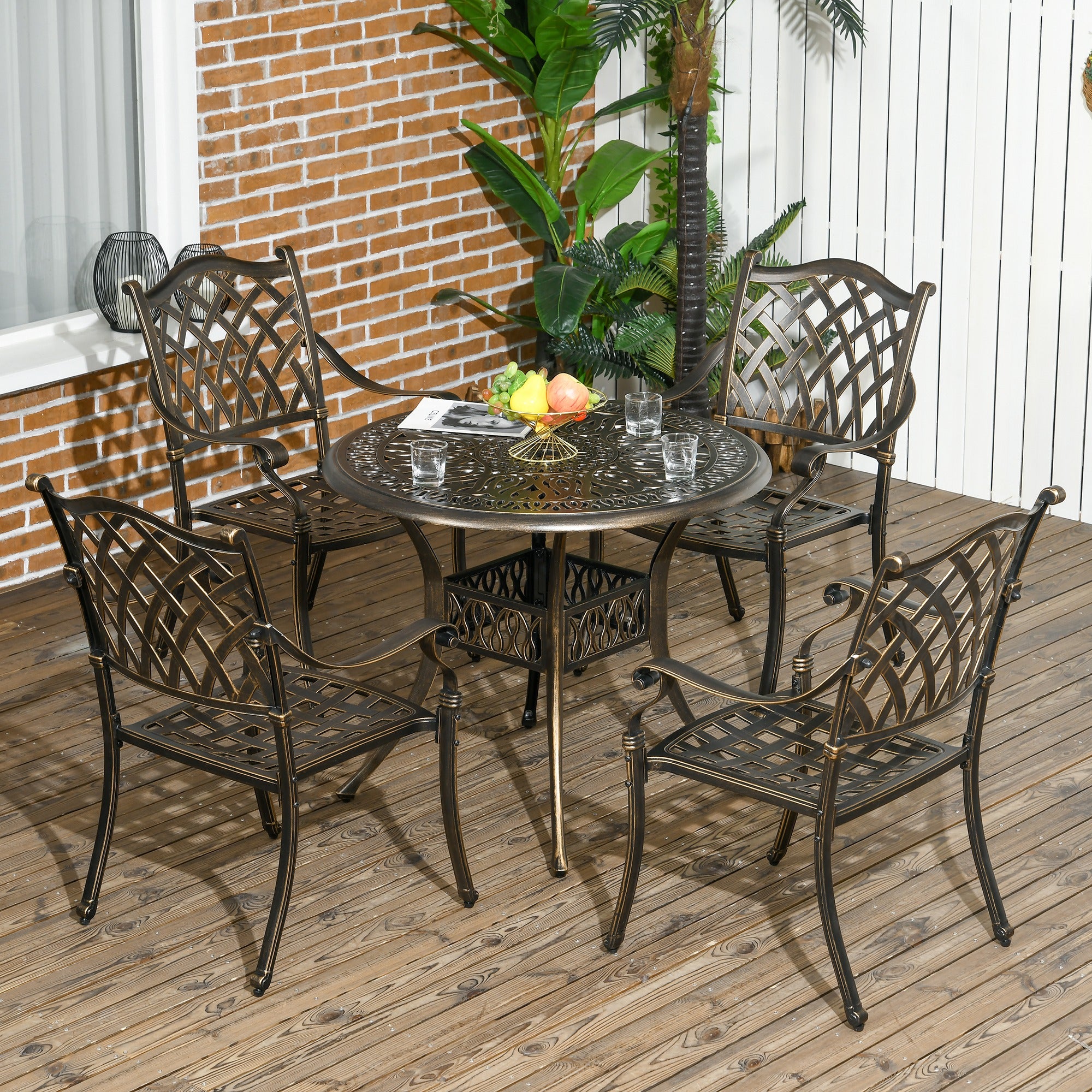 5-Piece Outdoor Furniture Dining Set, Cast Aluminum Conversation Set Includes 4 Chairs and 90cm Round Table with 50mm Umbrella Hole for Patio Garden Deck, Flower Design