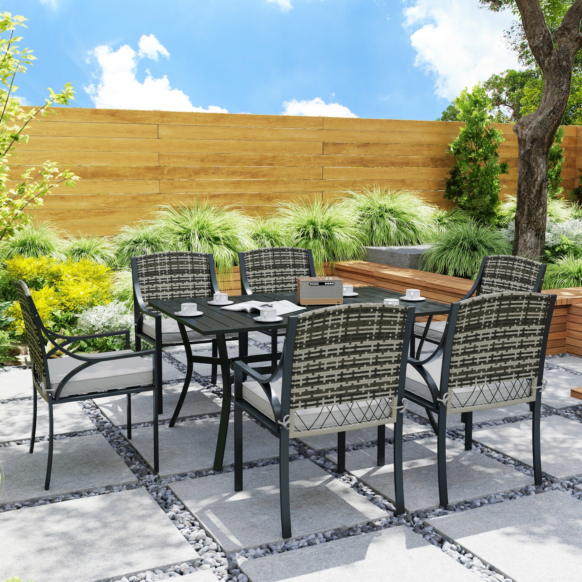 Rattan Garden Furniture Set with Cushions, 6 Seater Rattan Dining Set with 6 Armchairs, 150 x 96cm Rectangular Table, Umbrella Hole, for Outdoor, Patio, Balcony, Terrace, Conservatory