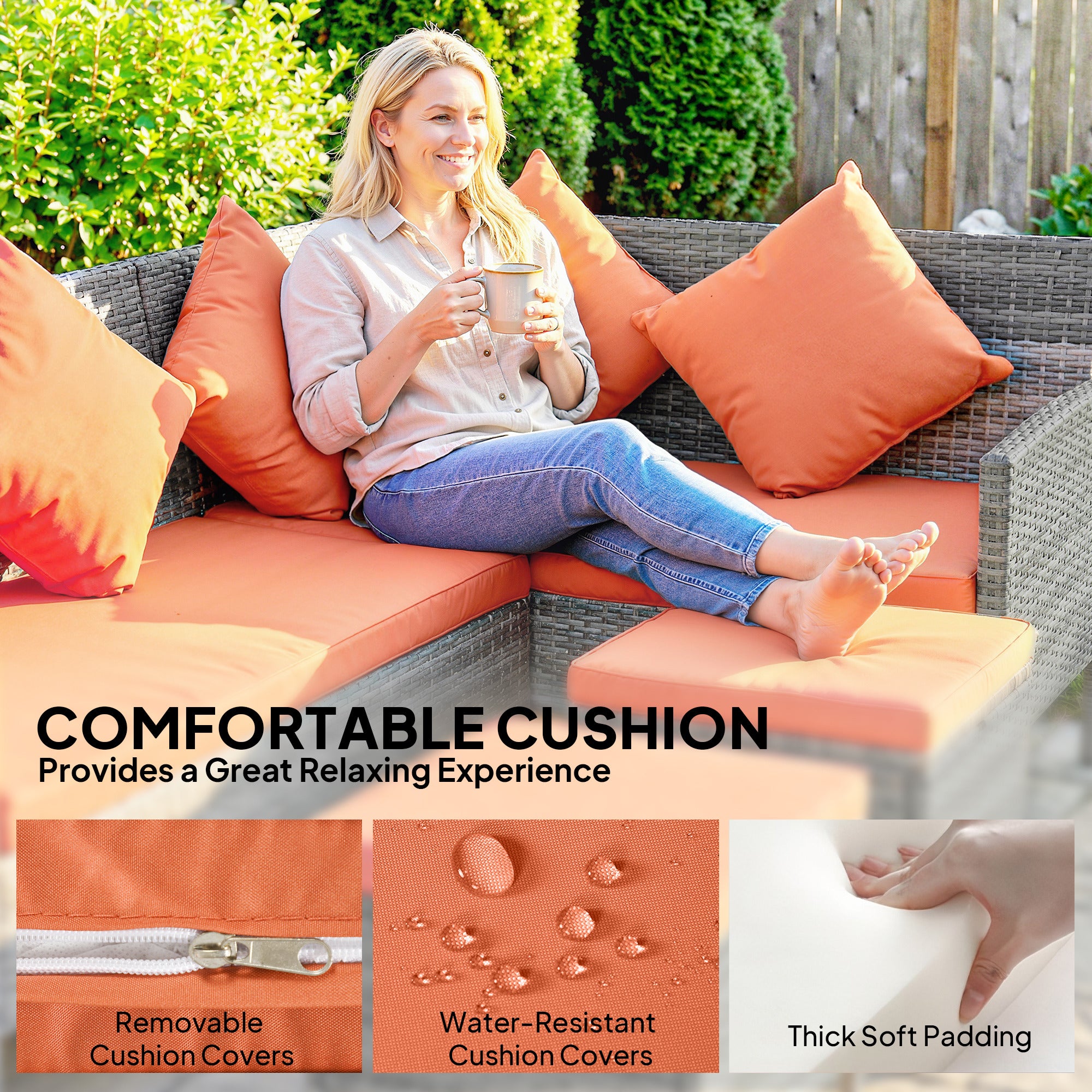 6-Seater Rattan Dining Set Sofa Table Footstool Outdoor w/ Cushion Garden Furniture, Orange
