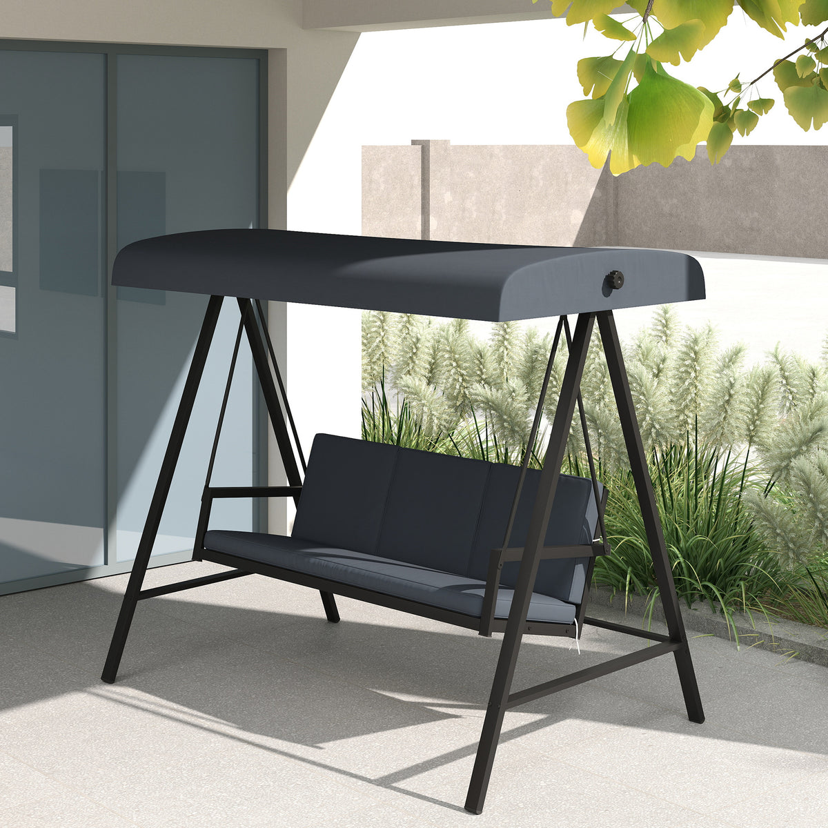 3 Seater Garden Swing Chair with Adjustable Canopy - Dark Grey