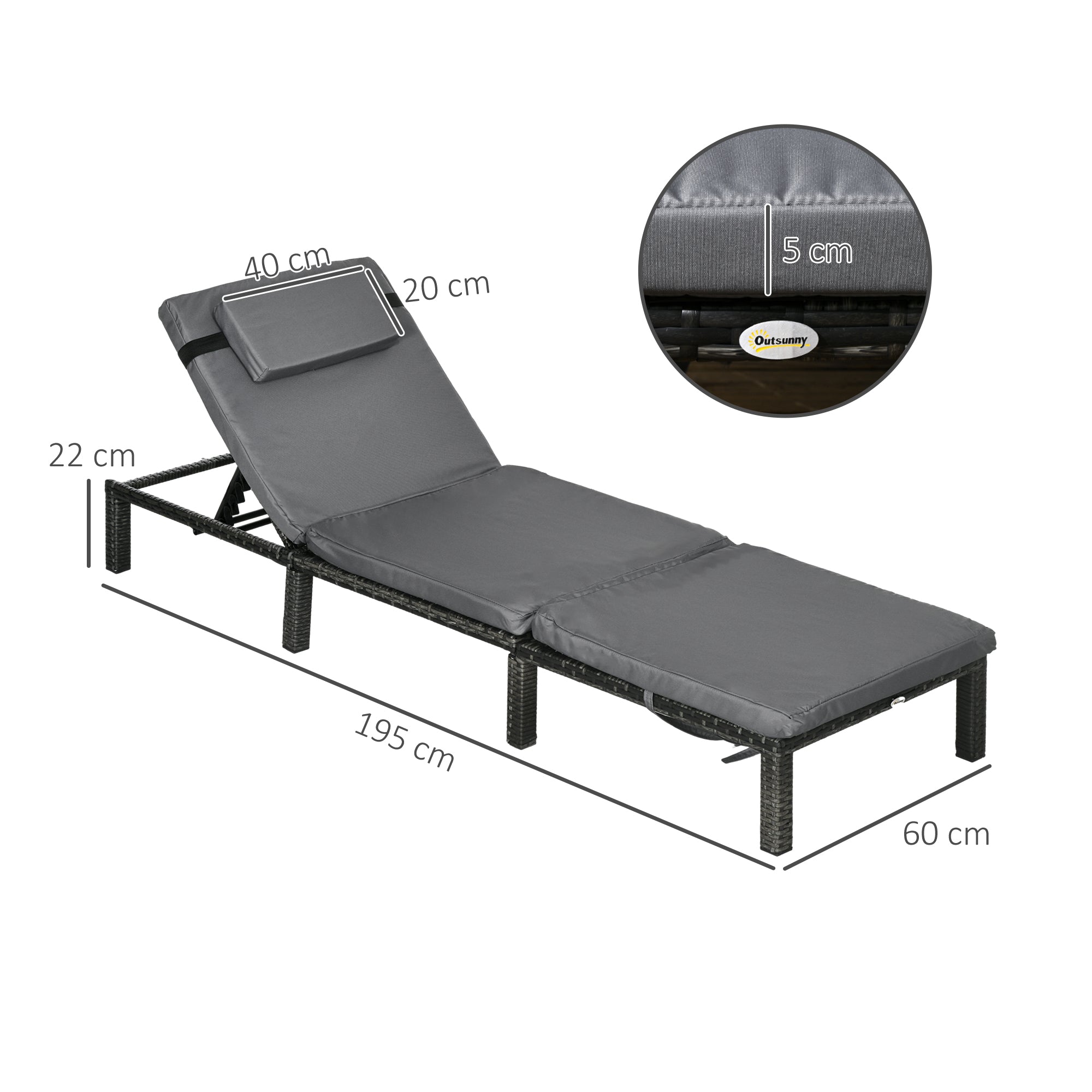 Set of Two Reclining Rattan Sun Loungers, with Cushions - Grey