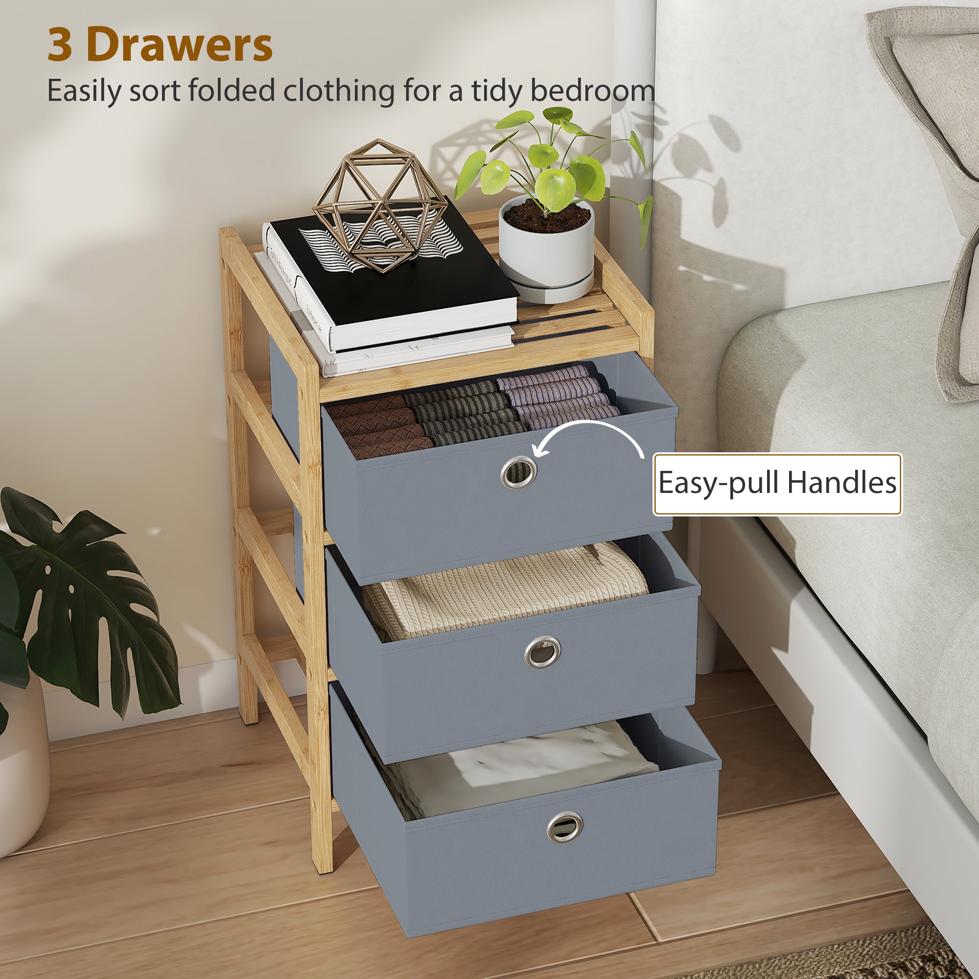 Chest of Drawers, 3 Fabric Drawers Narrow Dresser with Bamboo Frame, Light Grey