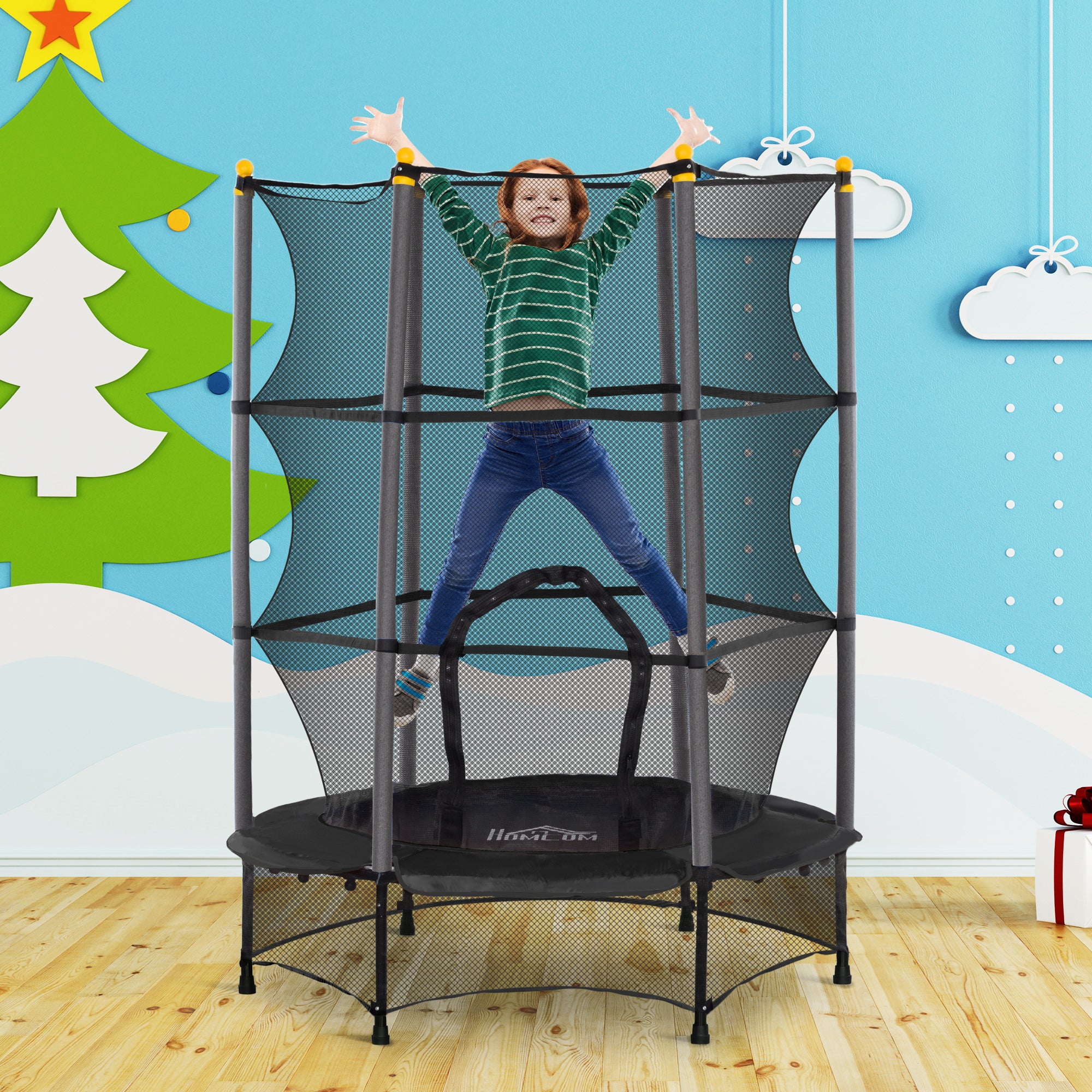 4.6FT/55" Kids Trampoline with Safety Enclosure, Outdoor Indoor Use, for Ages 3-10 Years, Black