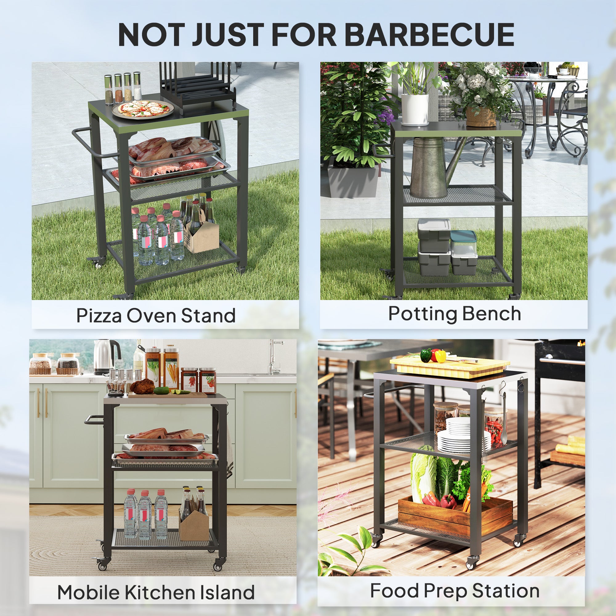 Three-Shelf Outdoor Grill Cart with Stainless Steel Top, Outdoor Kitchen Island with 4 Wheels, 3 Hooks, Movable Food Prep Pizza Oven Table for Kitchen, Patio, Garden, 65.5 x 41 x 79 cm