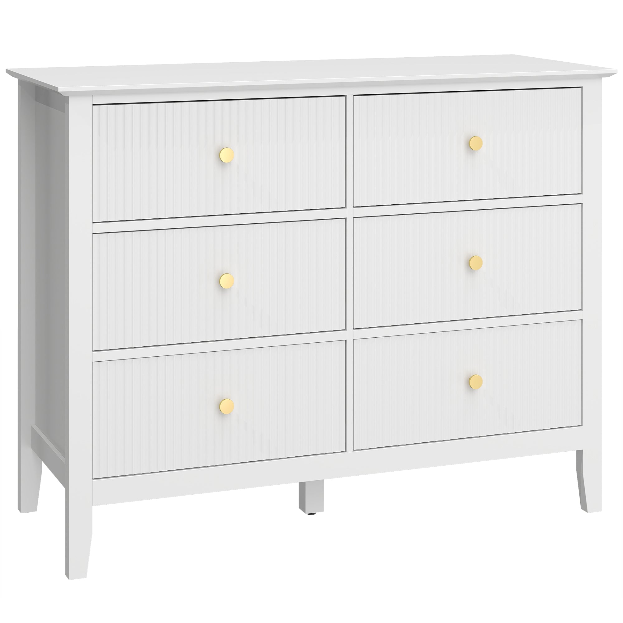 Fluted Dresser, 6 Drawer Chest of Drawers for Bedroom, Living Room, Hallway, Closet, White