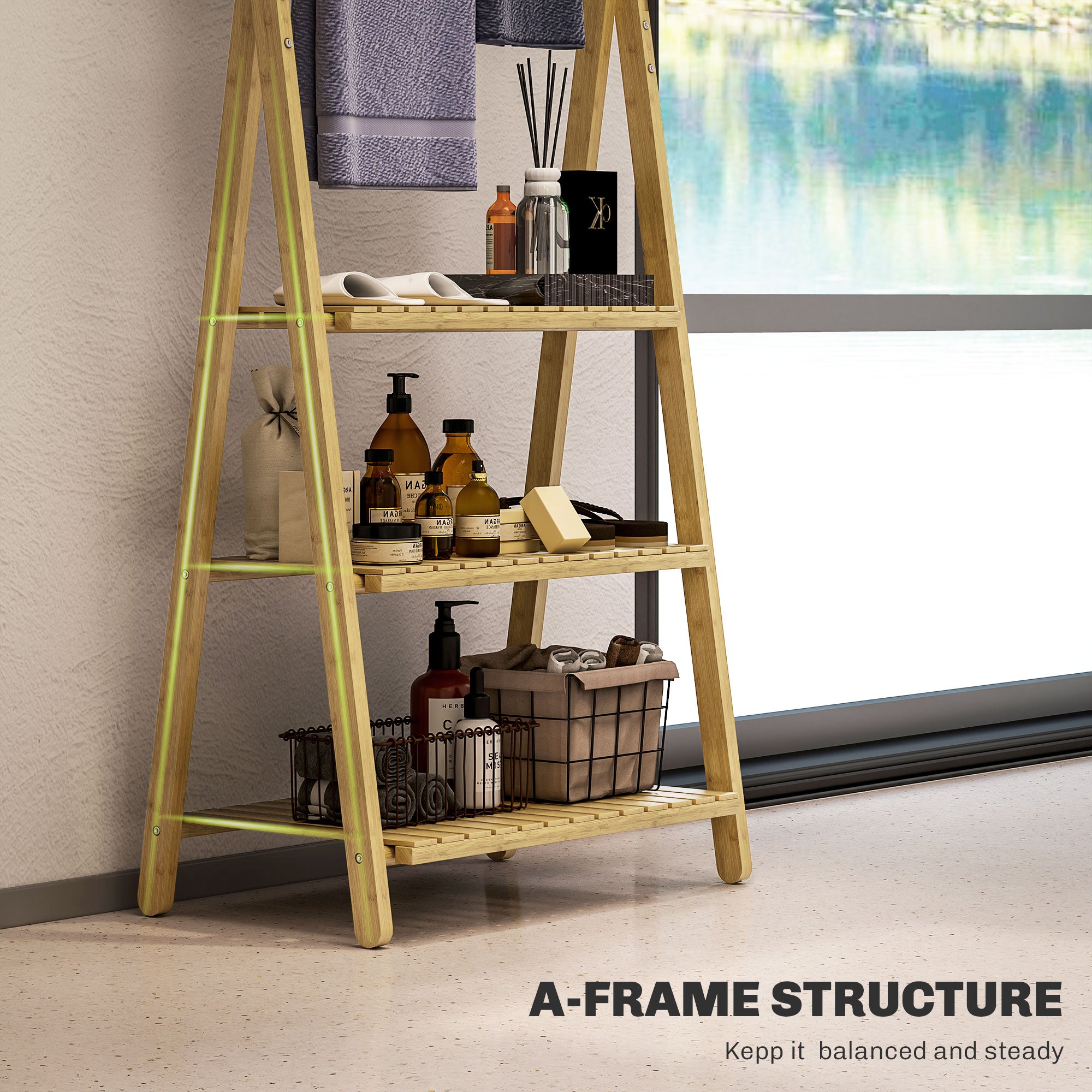 Three-Shelf Bamboo Storage Unit, with Towel Racks - Natural Finish