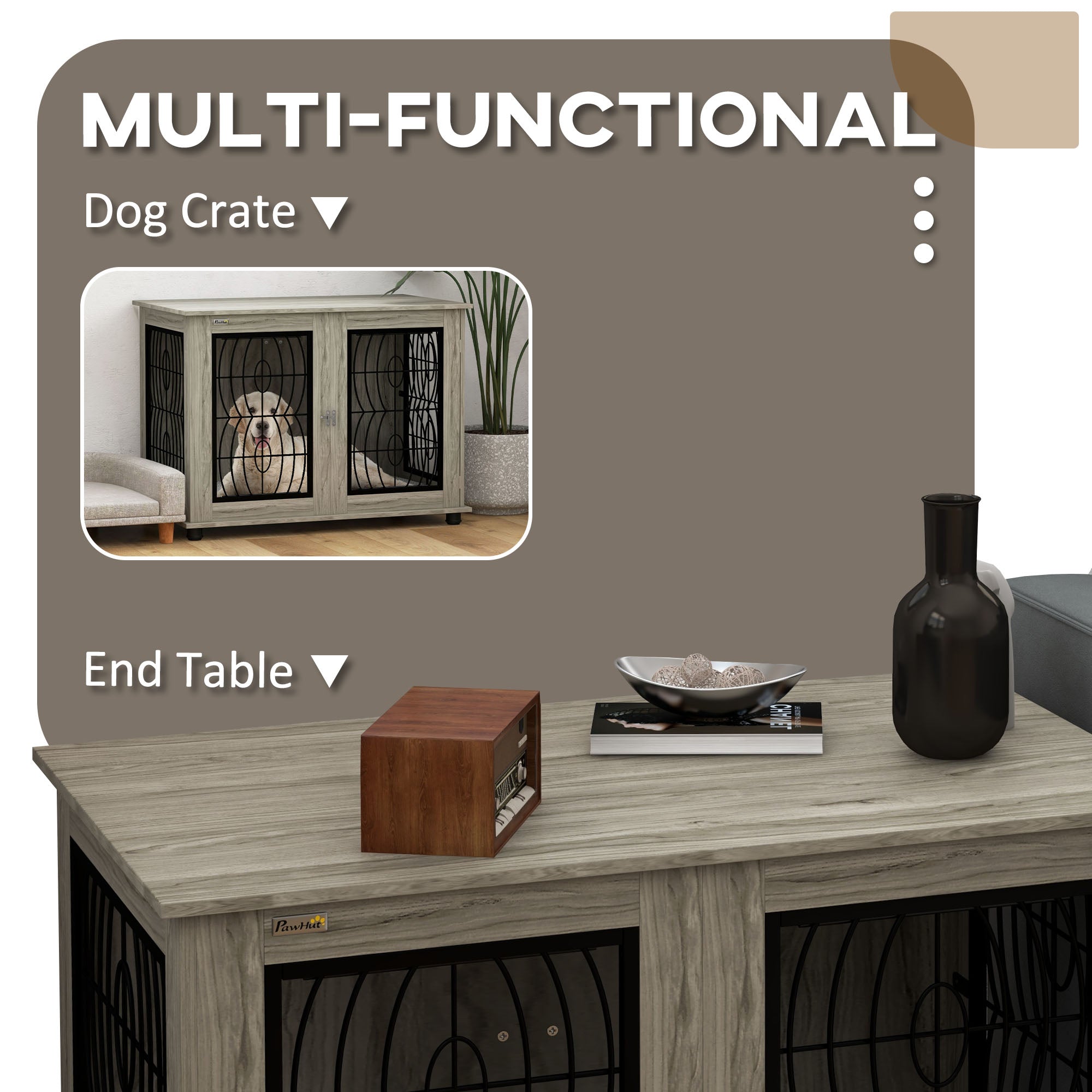 Indoor Dog Crate Furniture End Table with Soft Washable Cushion, Lockable Front Door, for Large Dogs - Grey