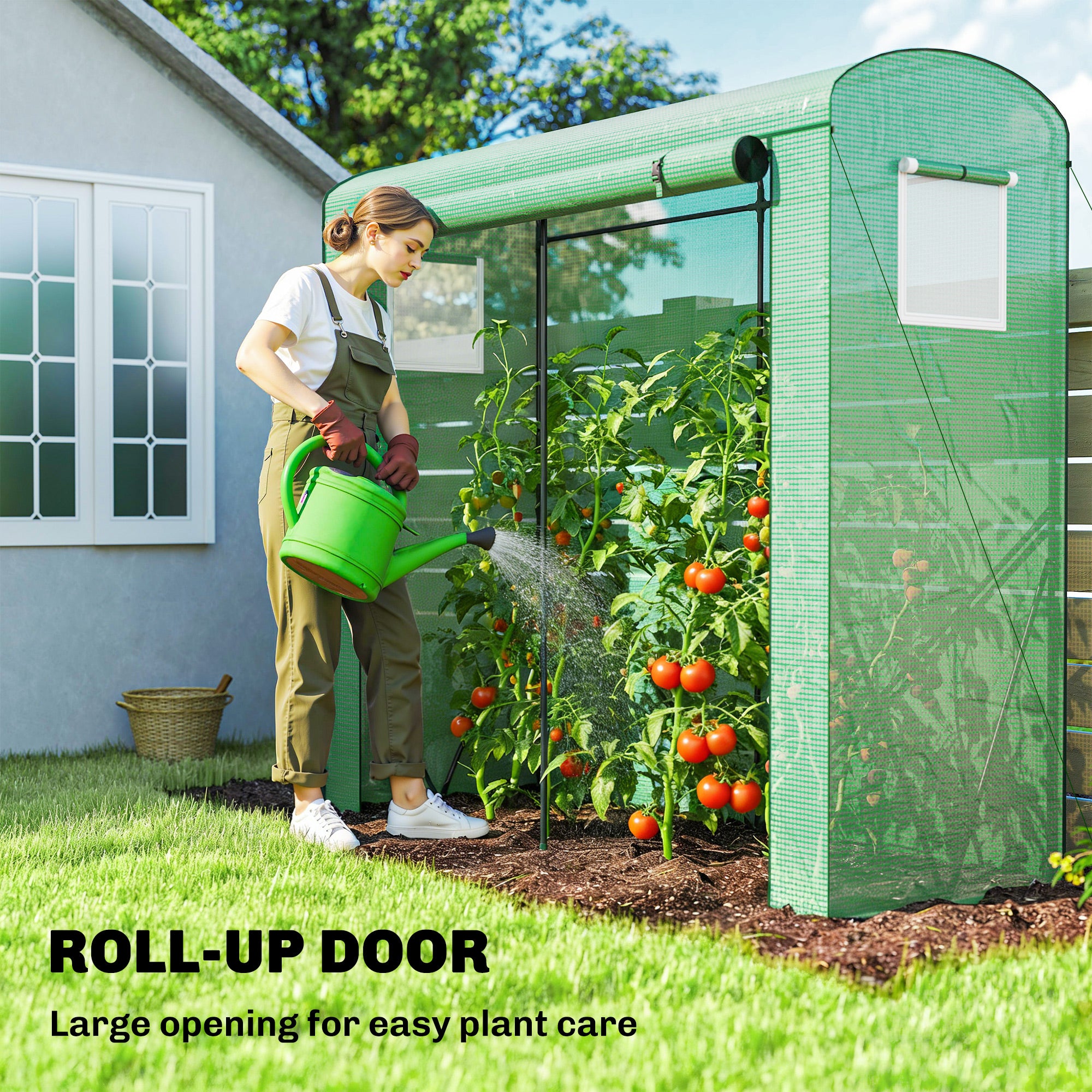Mini Greenhouse, Garden Tomato Growhouse with Roll-Up Door and 2 Mesh Windows, PE Cover, 200 x 75 x 188 cm, Green