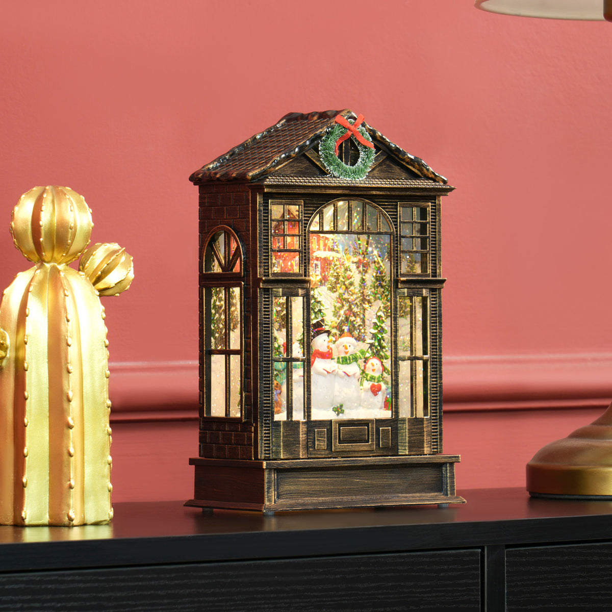 Christmas Musical Snow Globe Lantern with Lights and Swirling Glitter - Bronze Tone
