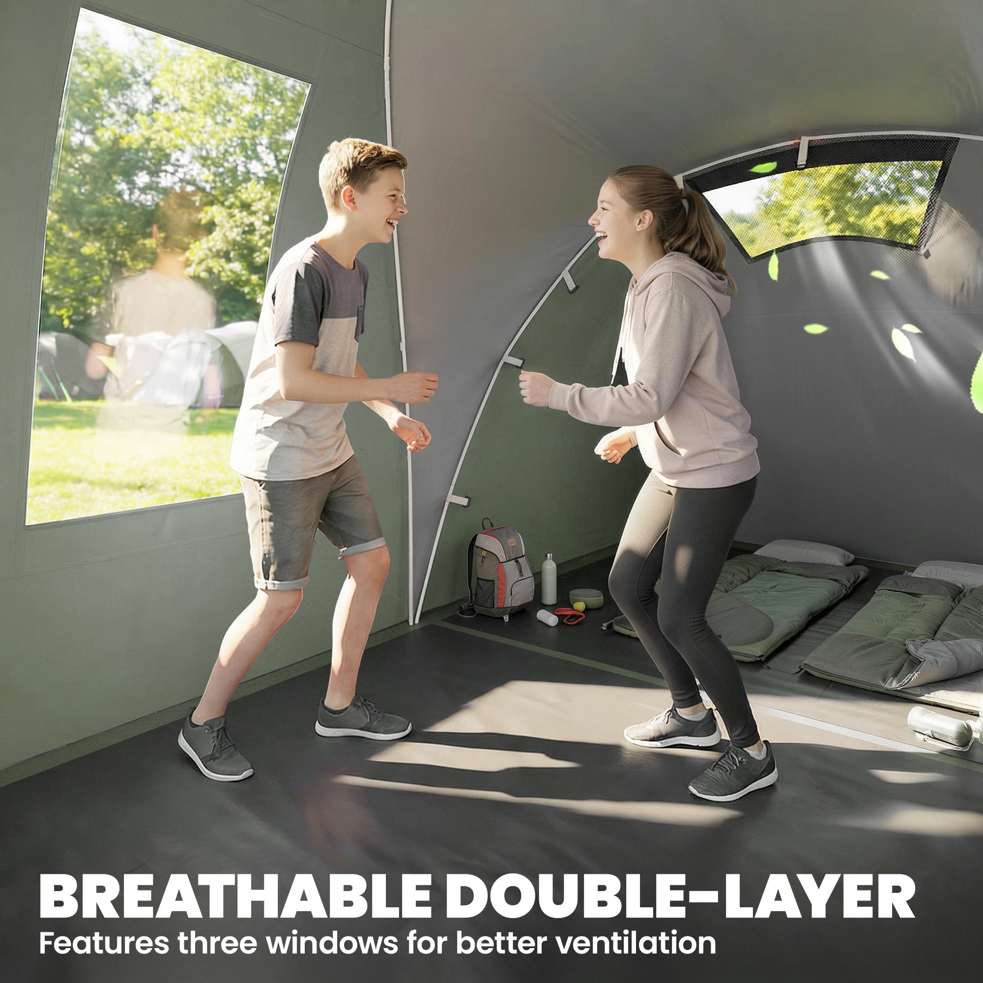 Family Camping Tent 3000mm Waterproof Windproof Tunnel Tent 8-12 Person Two Bedrooms Green