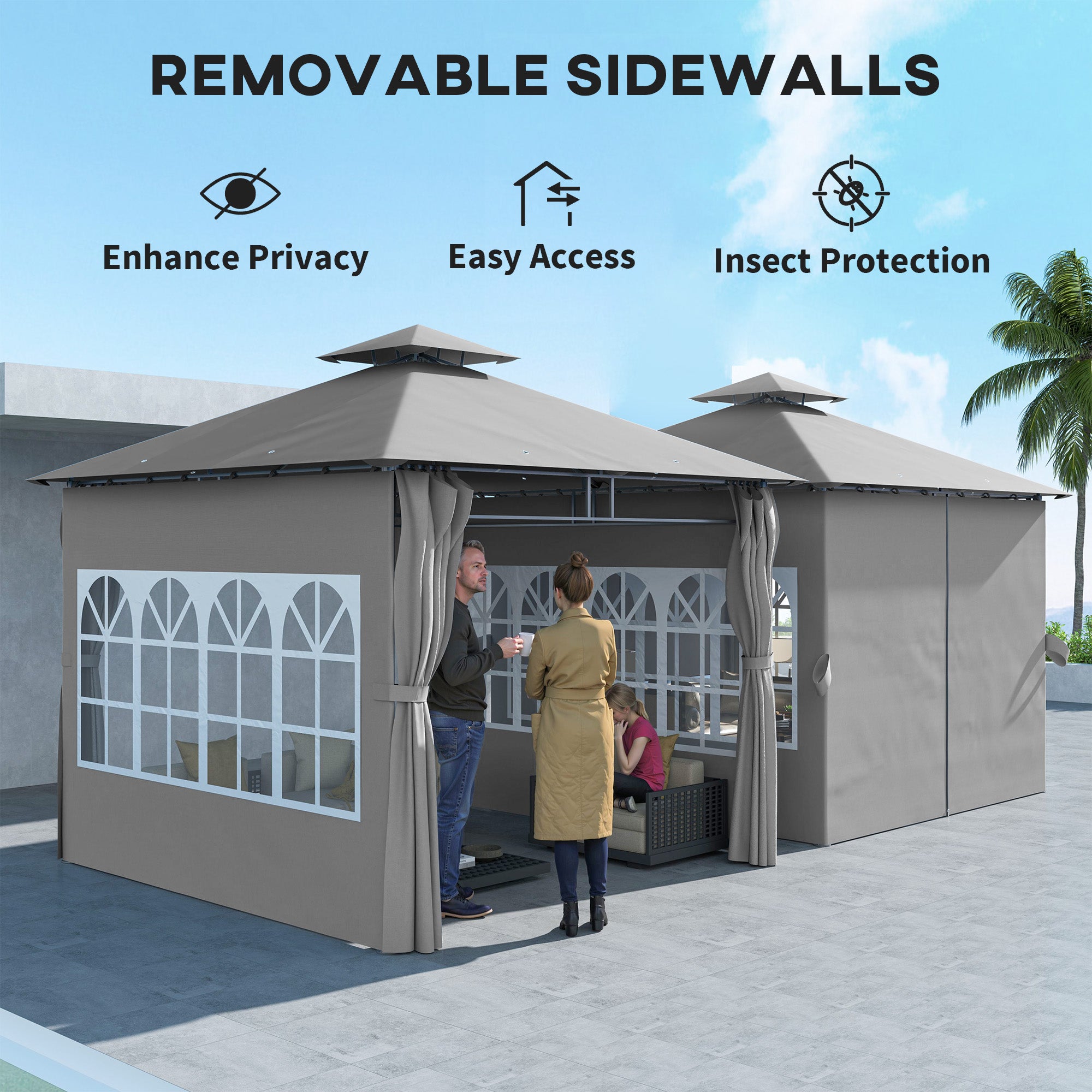 3 x 3 Metres Garden Gazebo Set with Double Roof and Removable Sidewalls - Light Grey