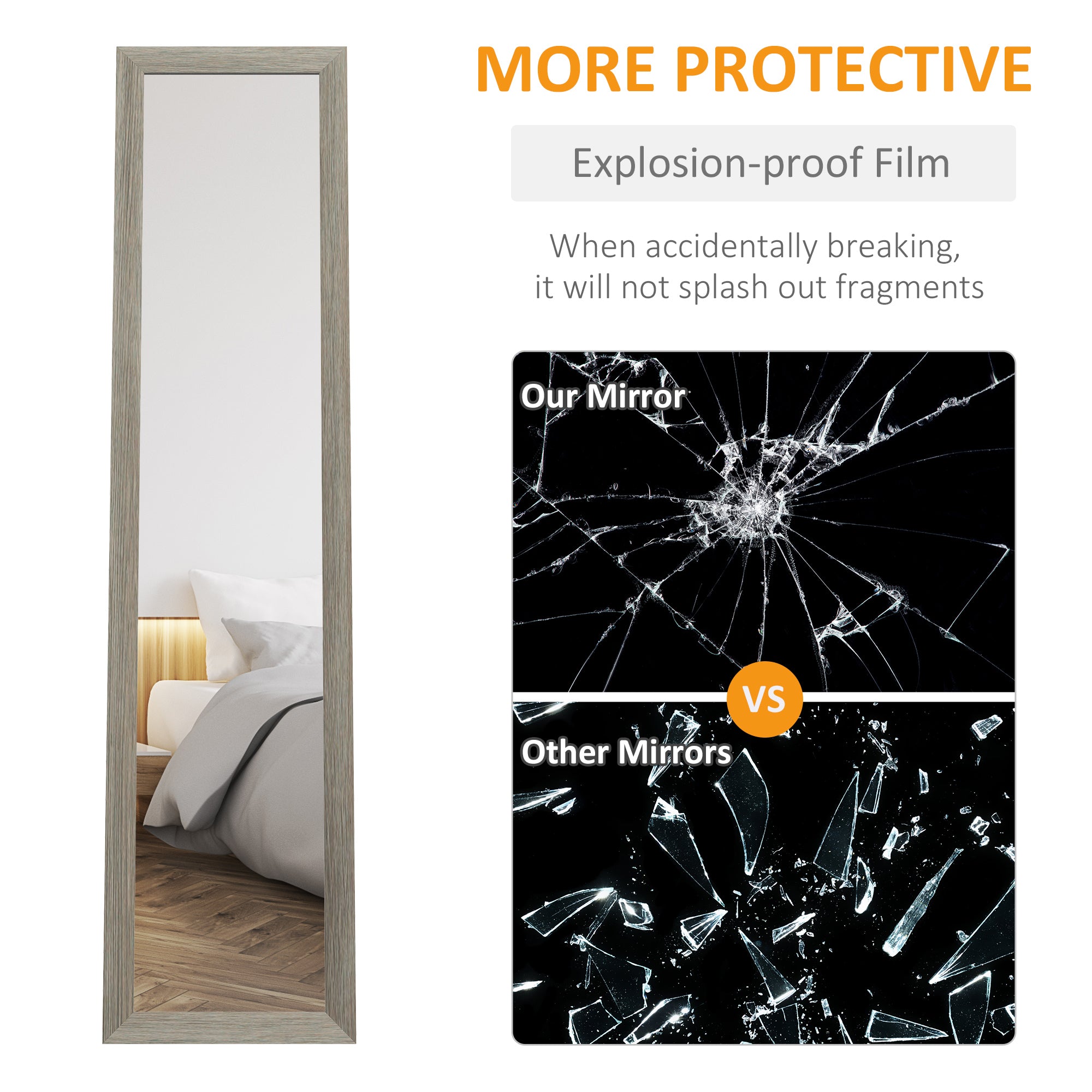 Full Length Mirror, 37 x 157 cm, Hanging or Freestanding, Rectangular Full Body Mirror for Living Room, Bedroom, Grey