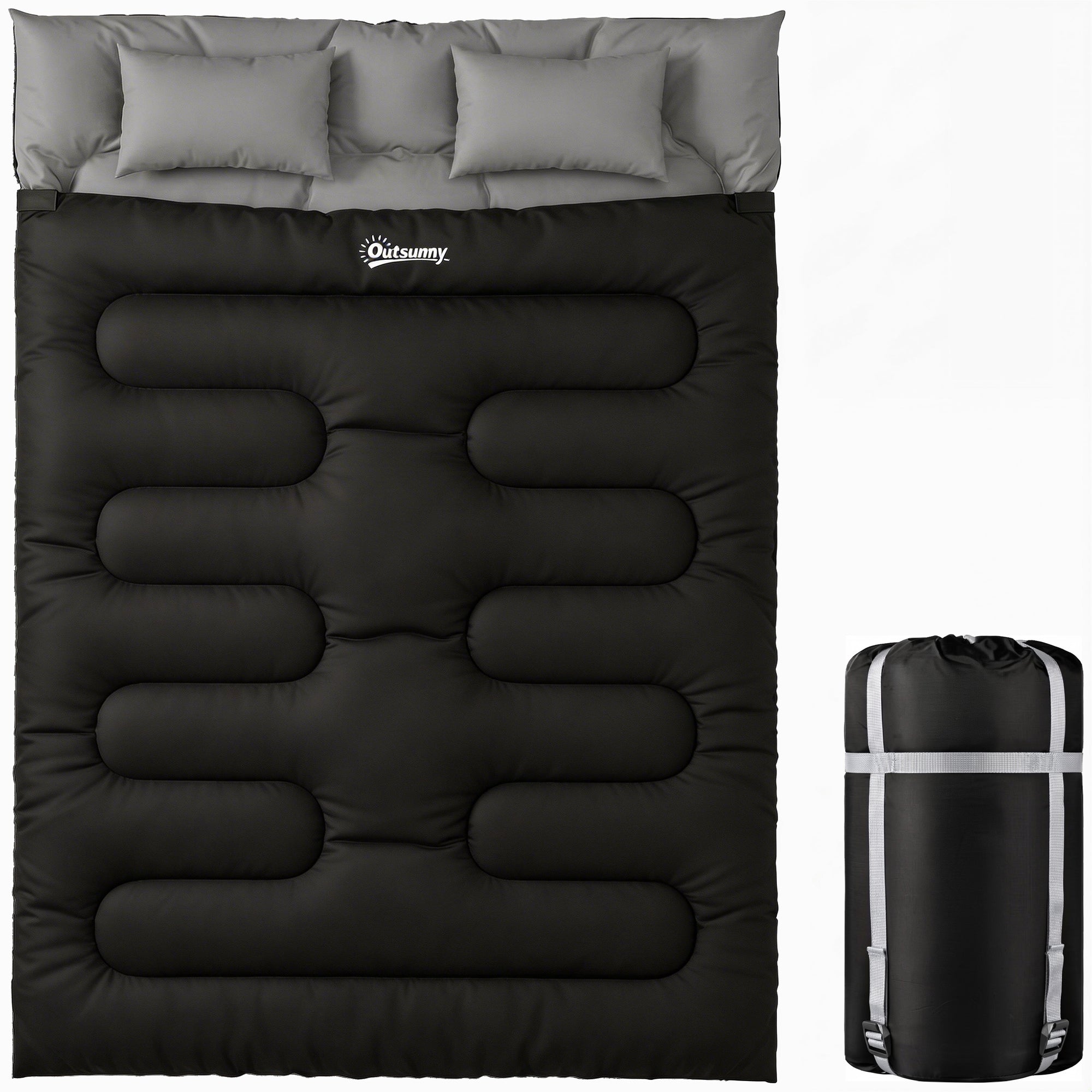 Double Sleeping Bag with 2 Pillows, 220 x 160 cm Extra-Large Sleeping Bag for Adults, Black