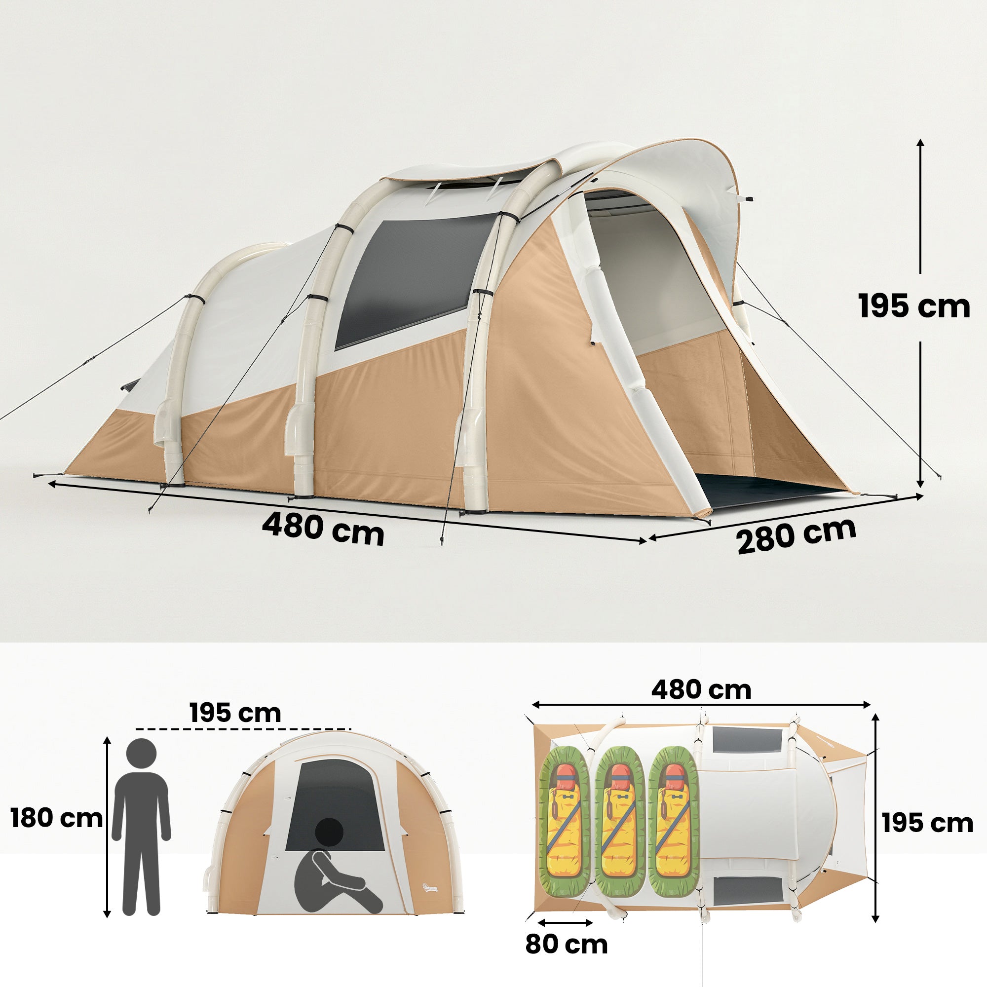 Inflatable Camping Tent w/ Air Pump, Easy Setup 2-3 Person Blow Up Tent, Khaki