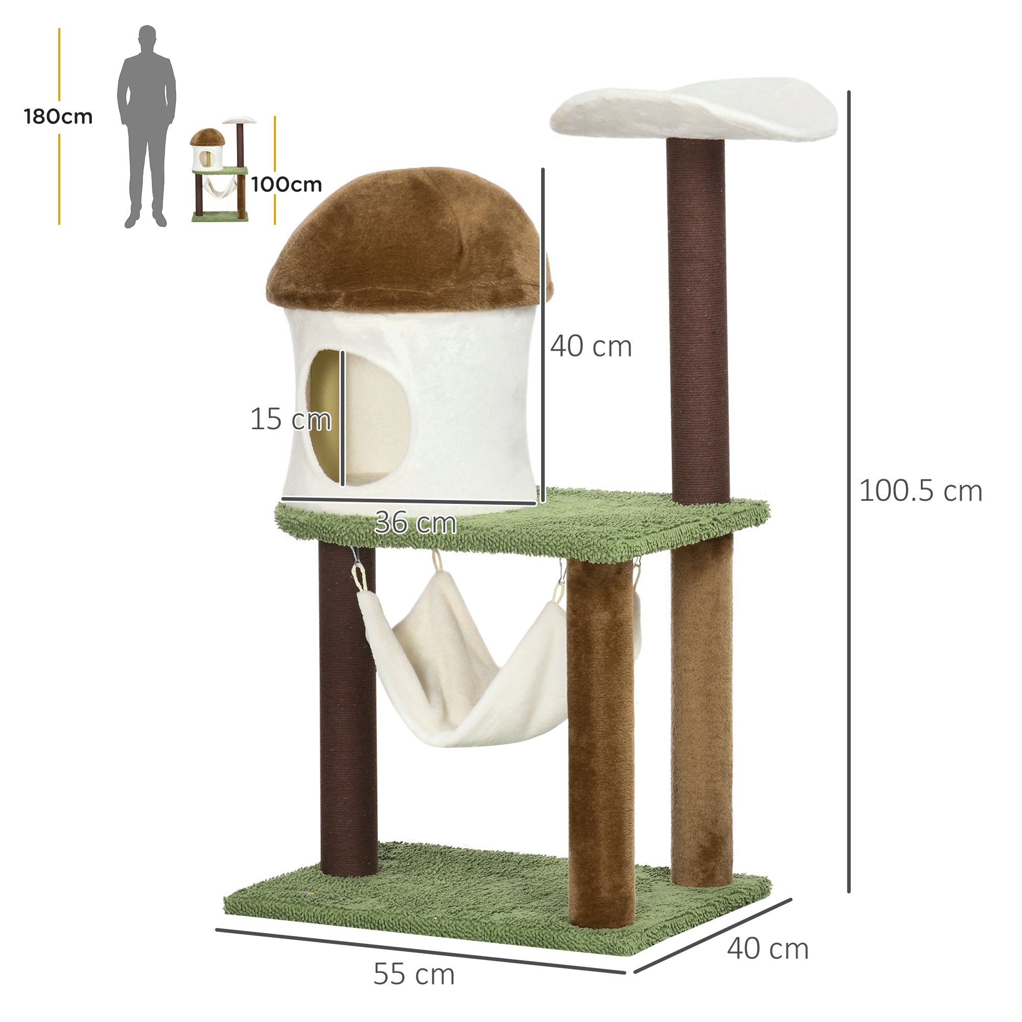 100cm Cat Tree, Kitty Activity Center with Mushroom-shaped Condo, Cat Tower with Sisal Scratching Post, Hammock, Green