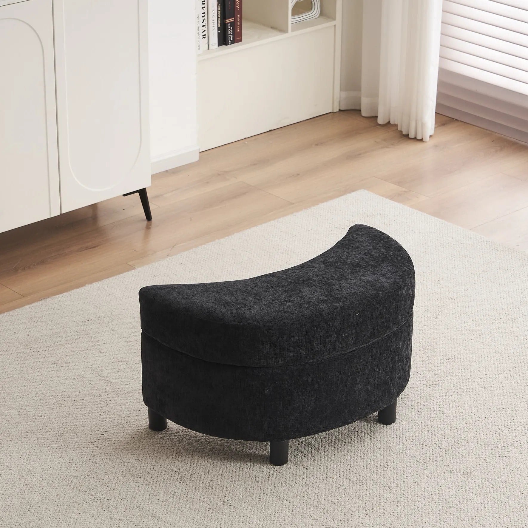 Chenille Swivel Armchair with 3 Back Cushions and Crescent Ottoman Stool, 360° Swivel Recliner Sofa, 107L x 105W x 82H cm, Black