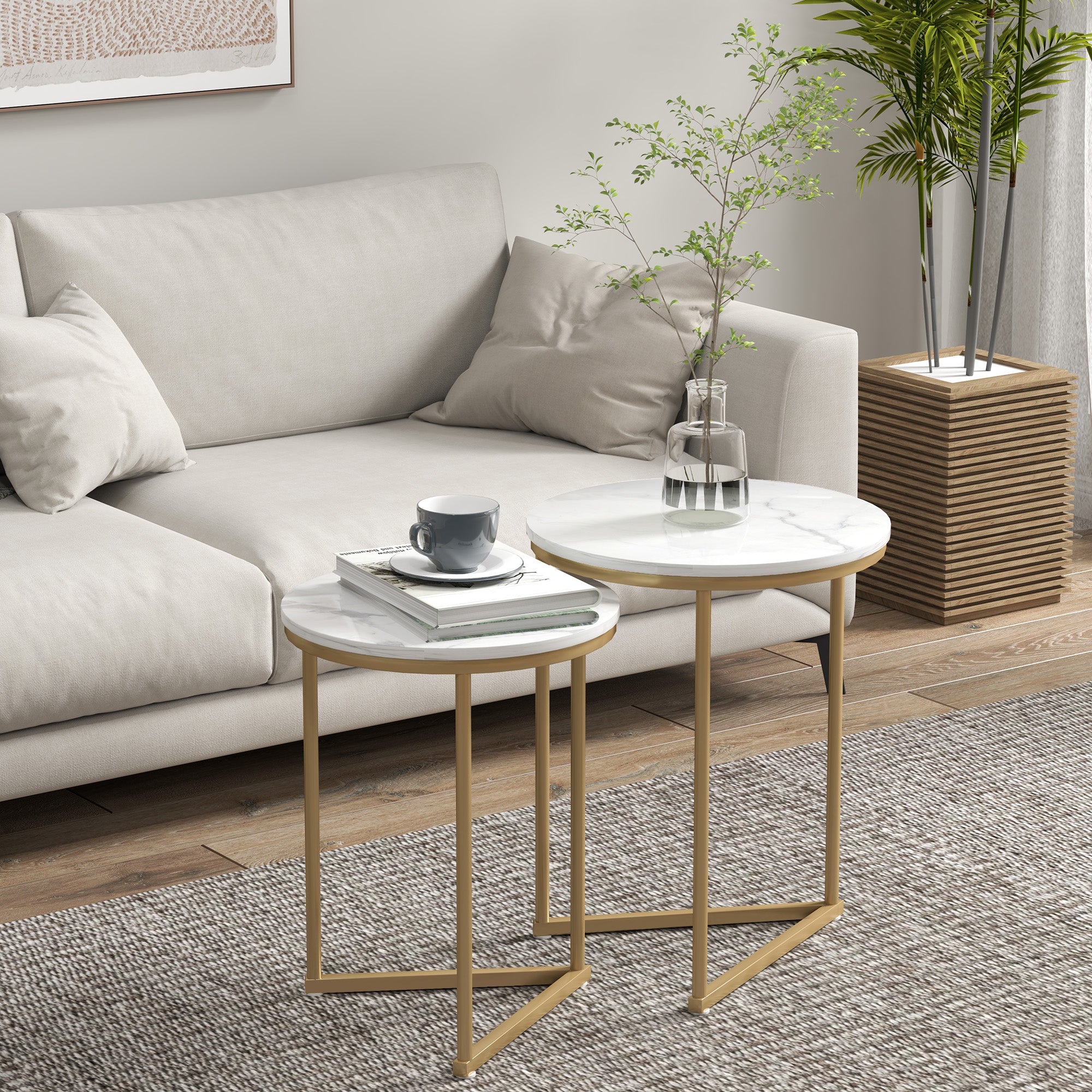 Set of Two Marble-Effect Nesting Tables with Gold-Tone Frames - White/Gold-Tone