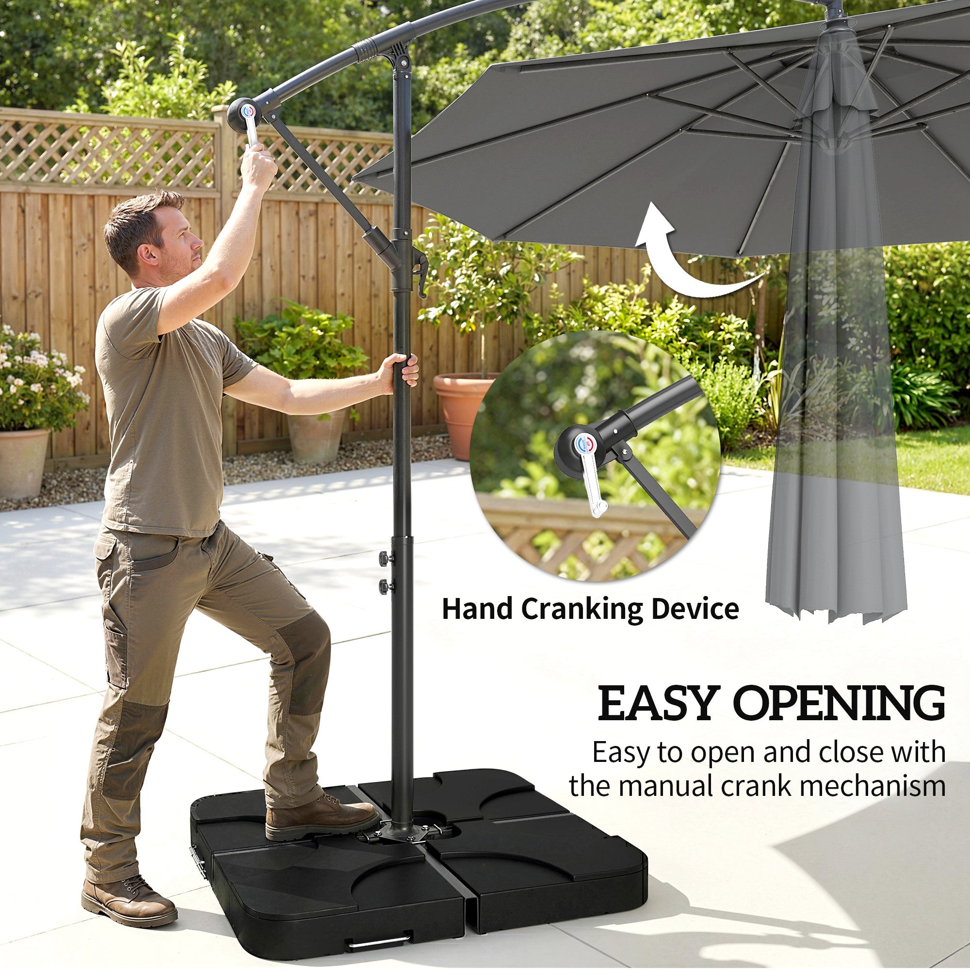 3m Overhanging Parasol, with Base, Weights and Cover - Dark Grey