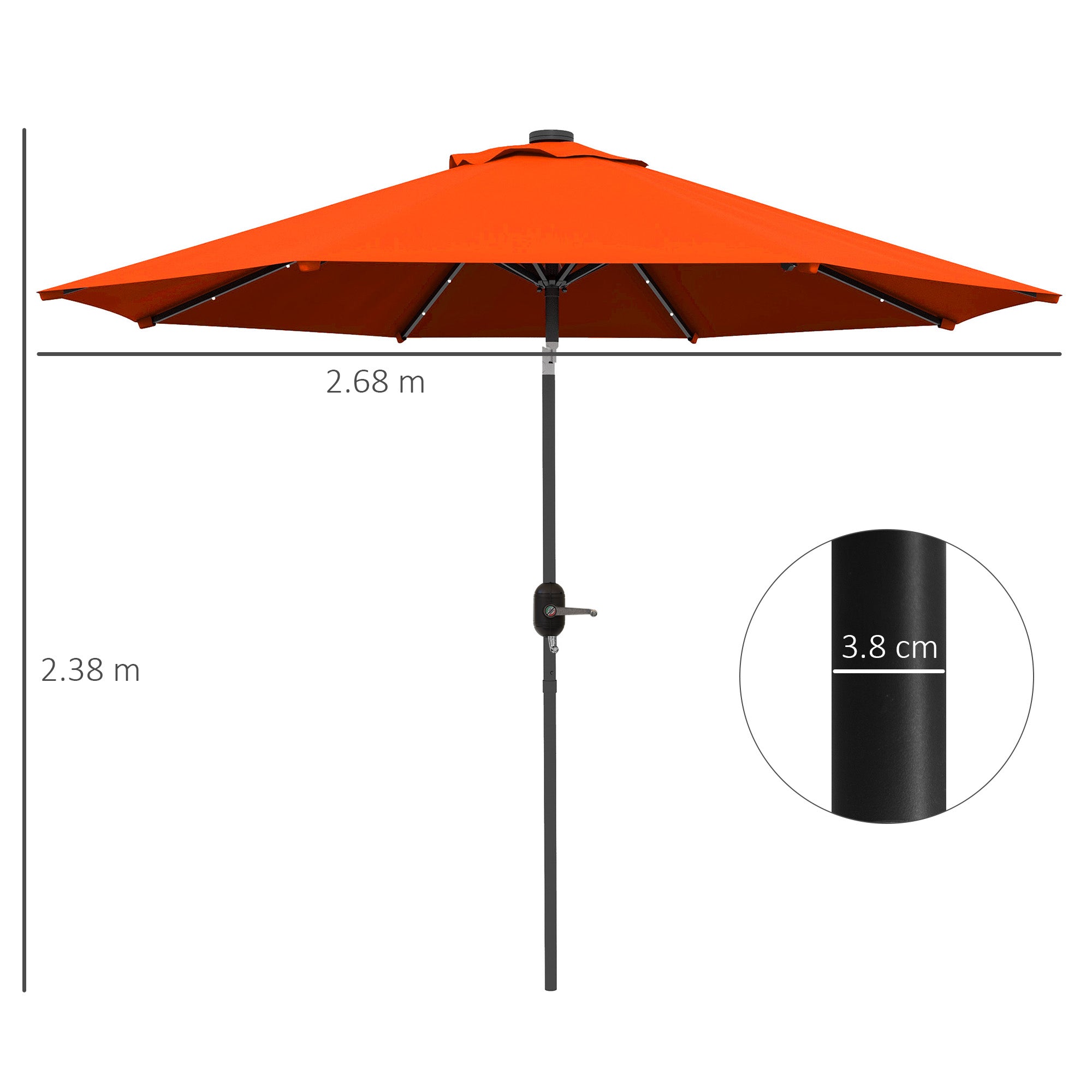 2.7m Outdoor Patio Garden Umbrella Parasol with Tilt Crank and 24 LEDs Lights, Orange