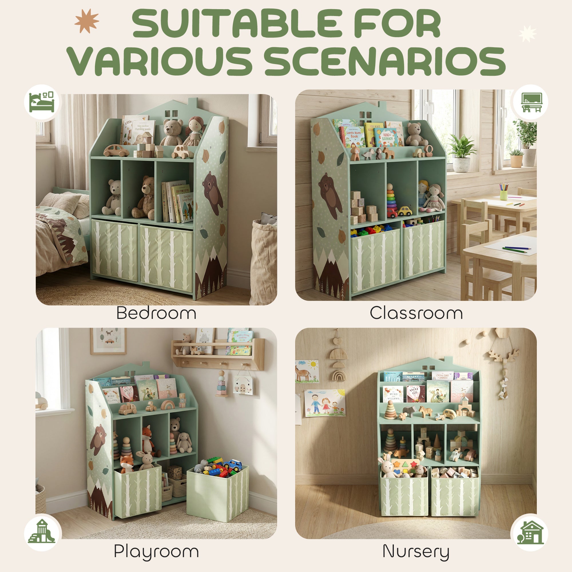 Kids Bookshelf with Storage, Toy Storage Unit with Book Display, Shelves and Fabric Drawers for Playroom Nursery, Green