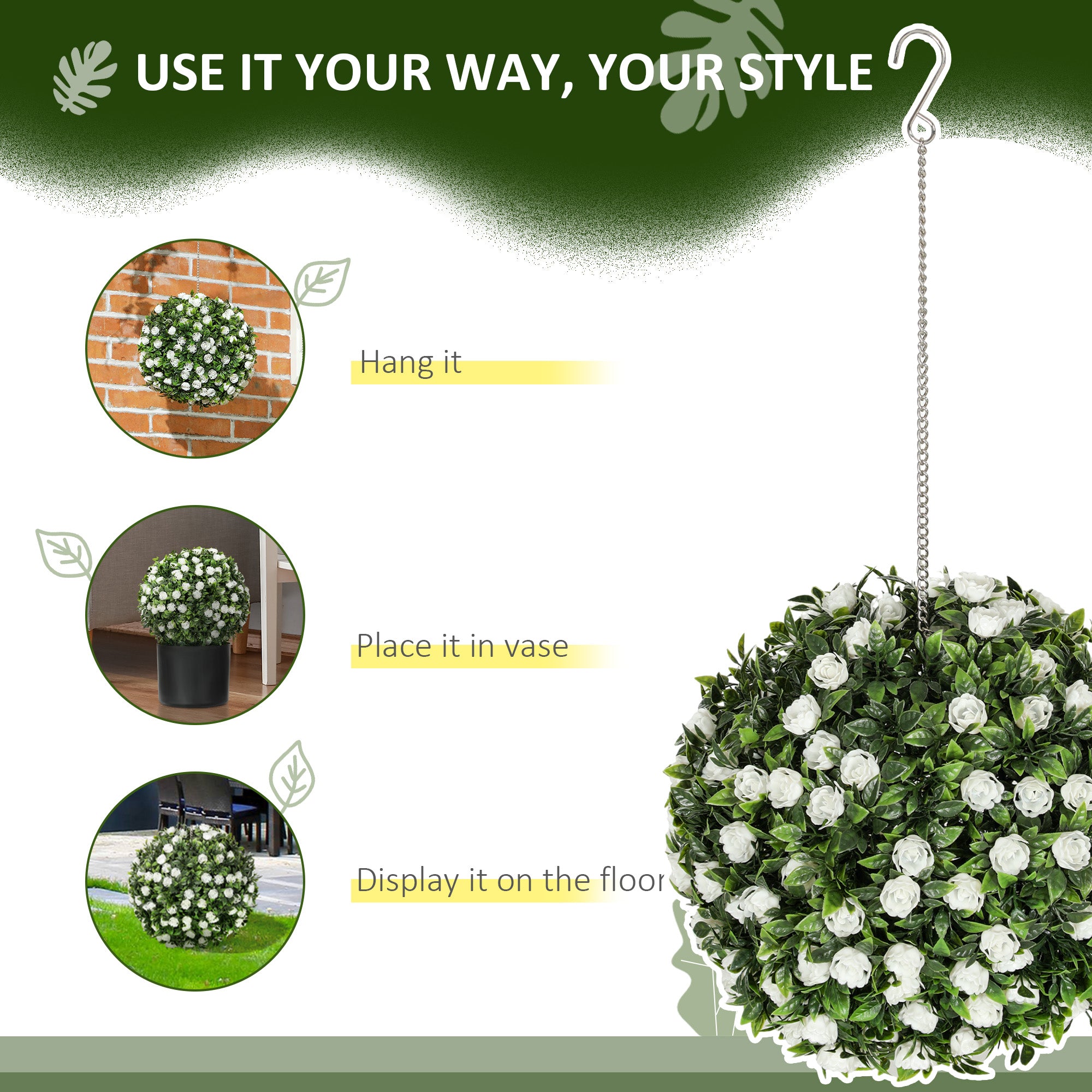 Set of 2 Decorative Artificial Plants, UV-protected Artificial Plant Topiary Rose Balls, Fake Plants for Home Indoor outdoor Decor, 28cm, White