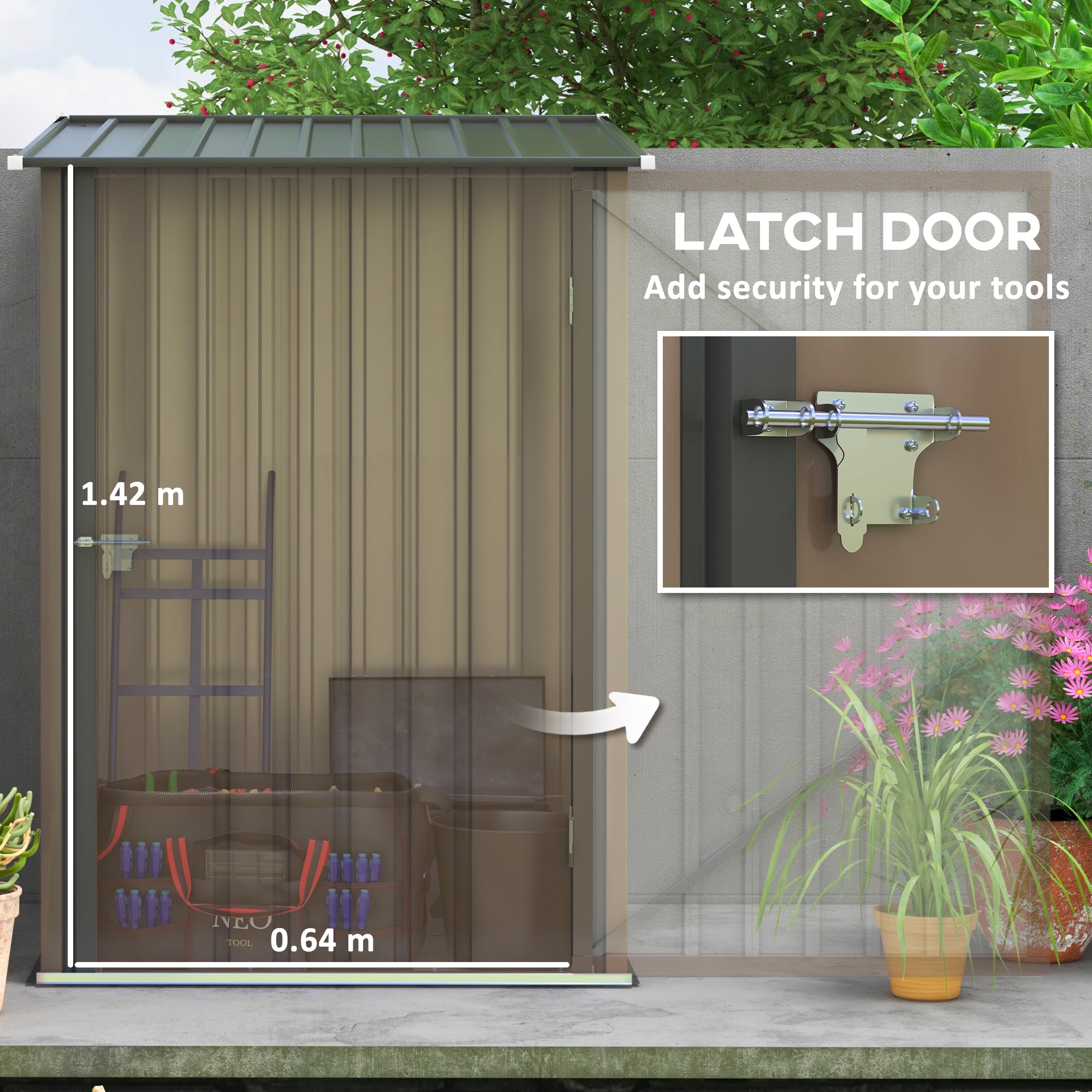 3.3 x 3.4ft Lean To Steel Garden Shed, with Locking Door - Brown/Grey